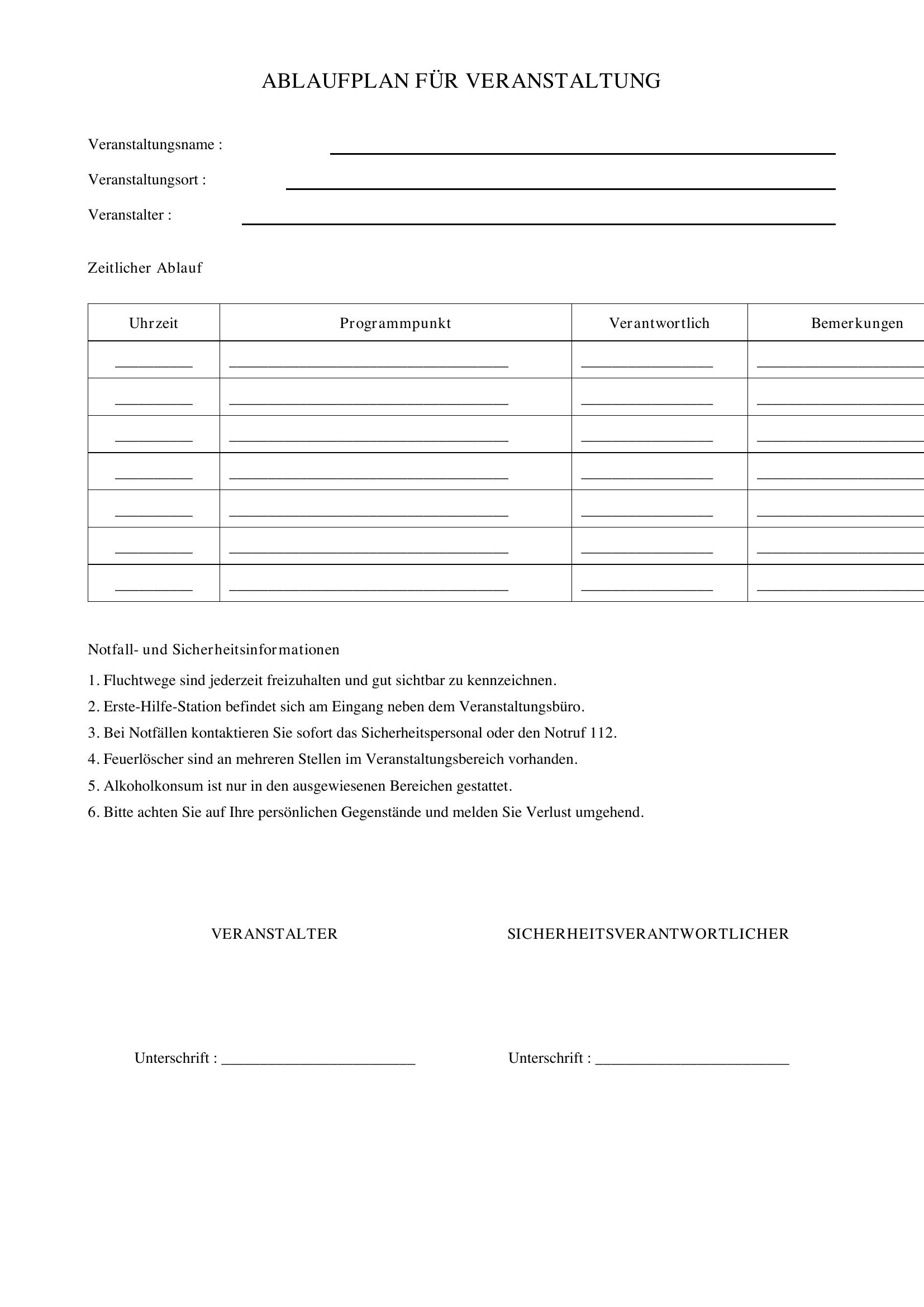 Ablaufplan Veranstaltung Vorlage