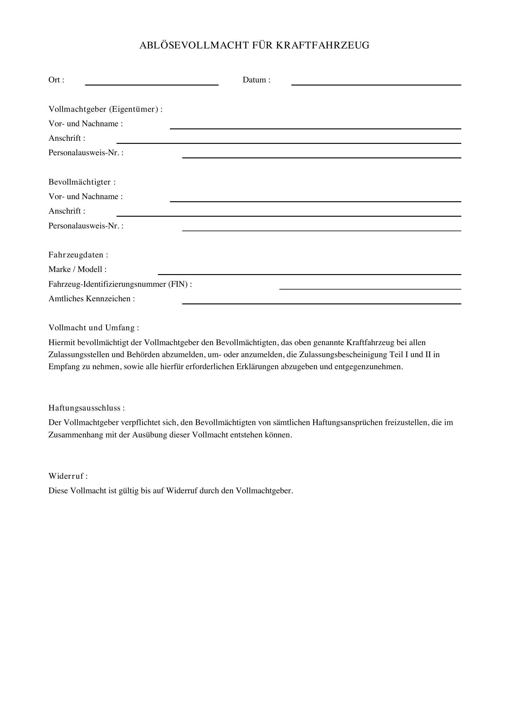 Ablösevollmacht Vorlage Auto