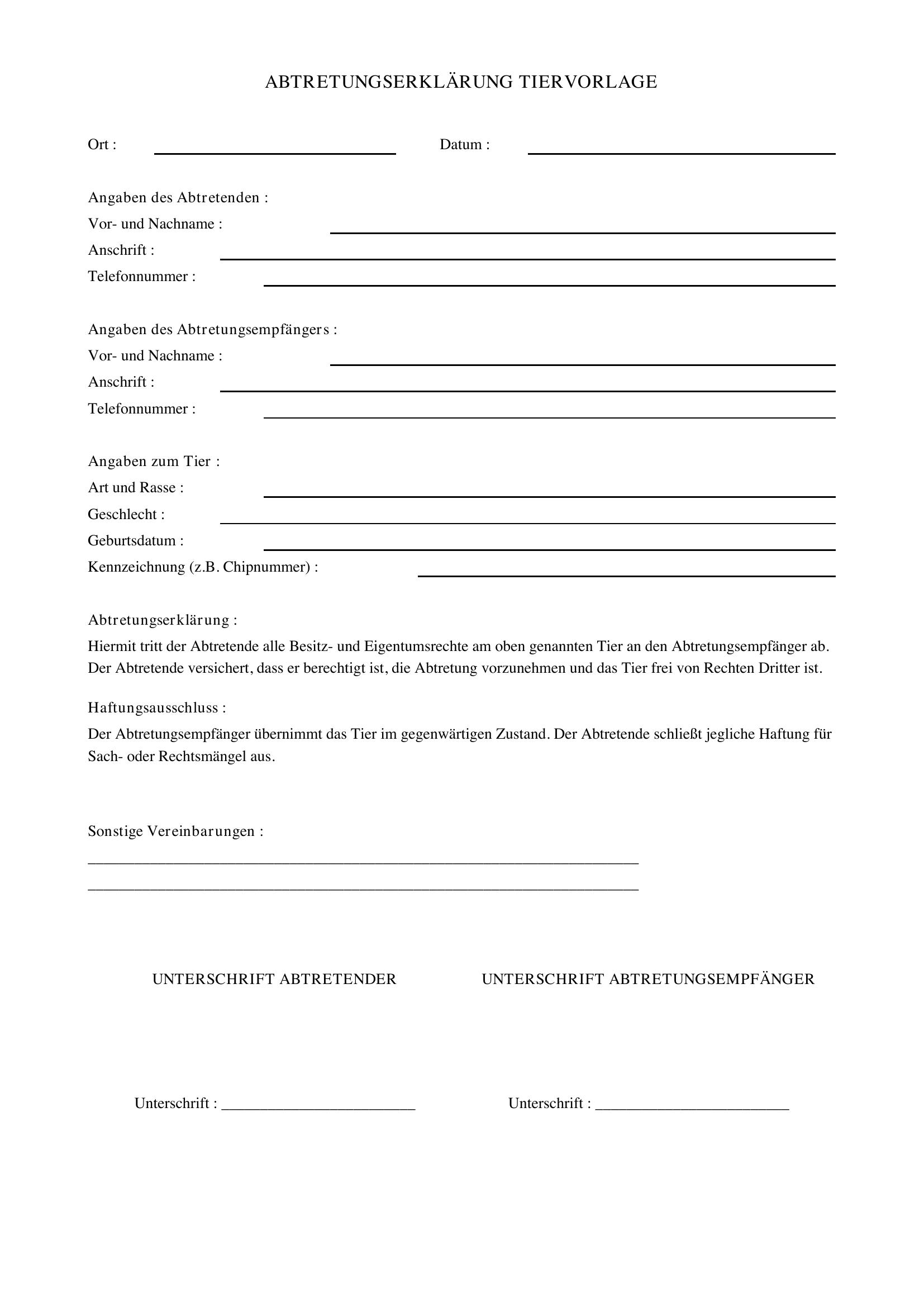 Abtretungserklärung Tier Vorlage