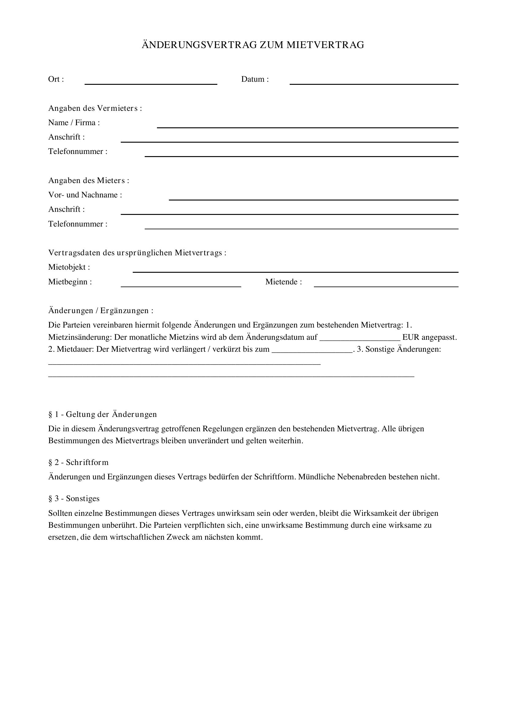 Änderungsvertrag Mietvertrag Muster