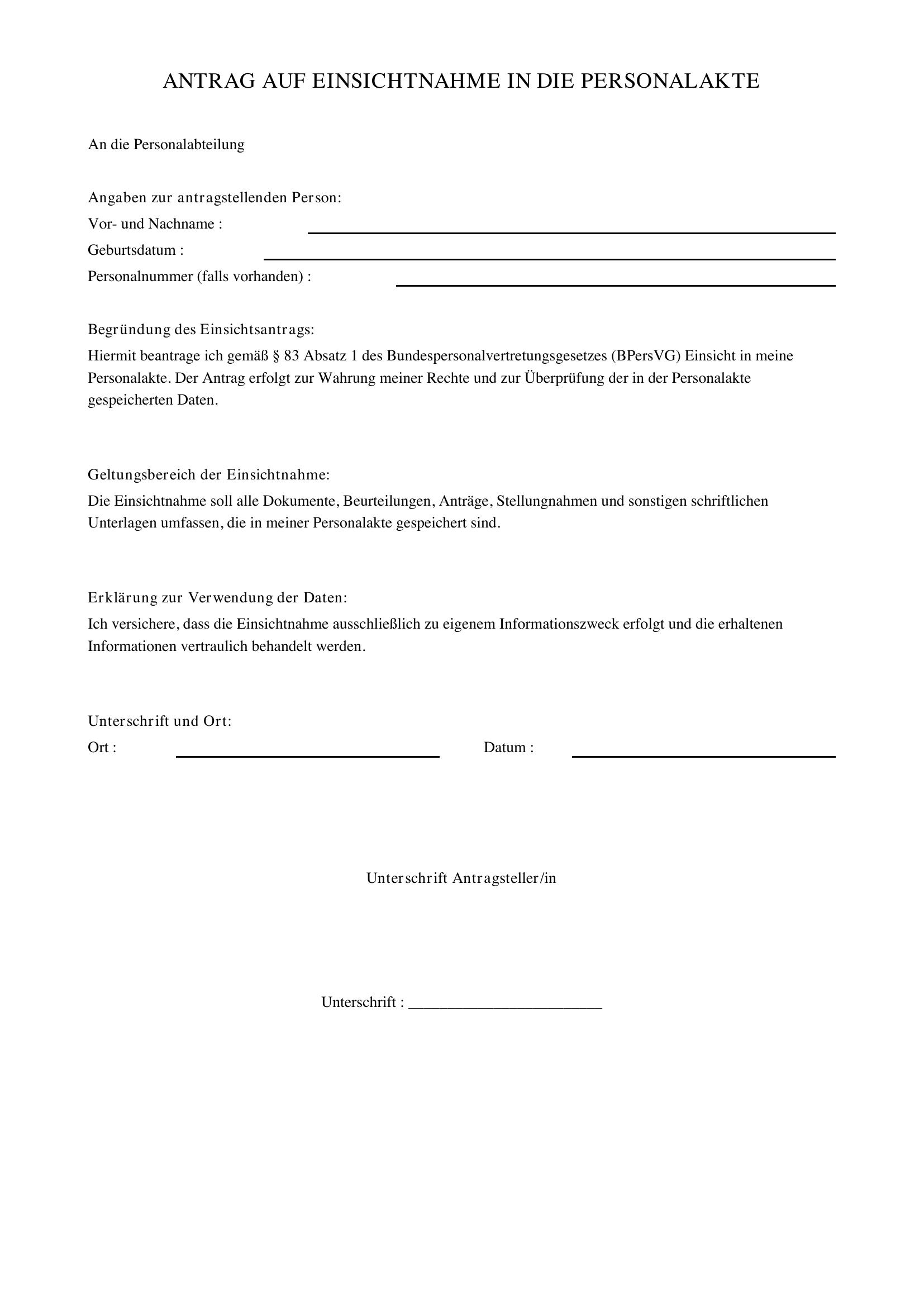 Antrag Auf Einsichtnahme In Die Personalakte Muster