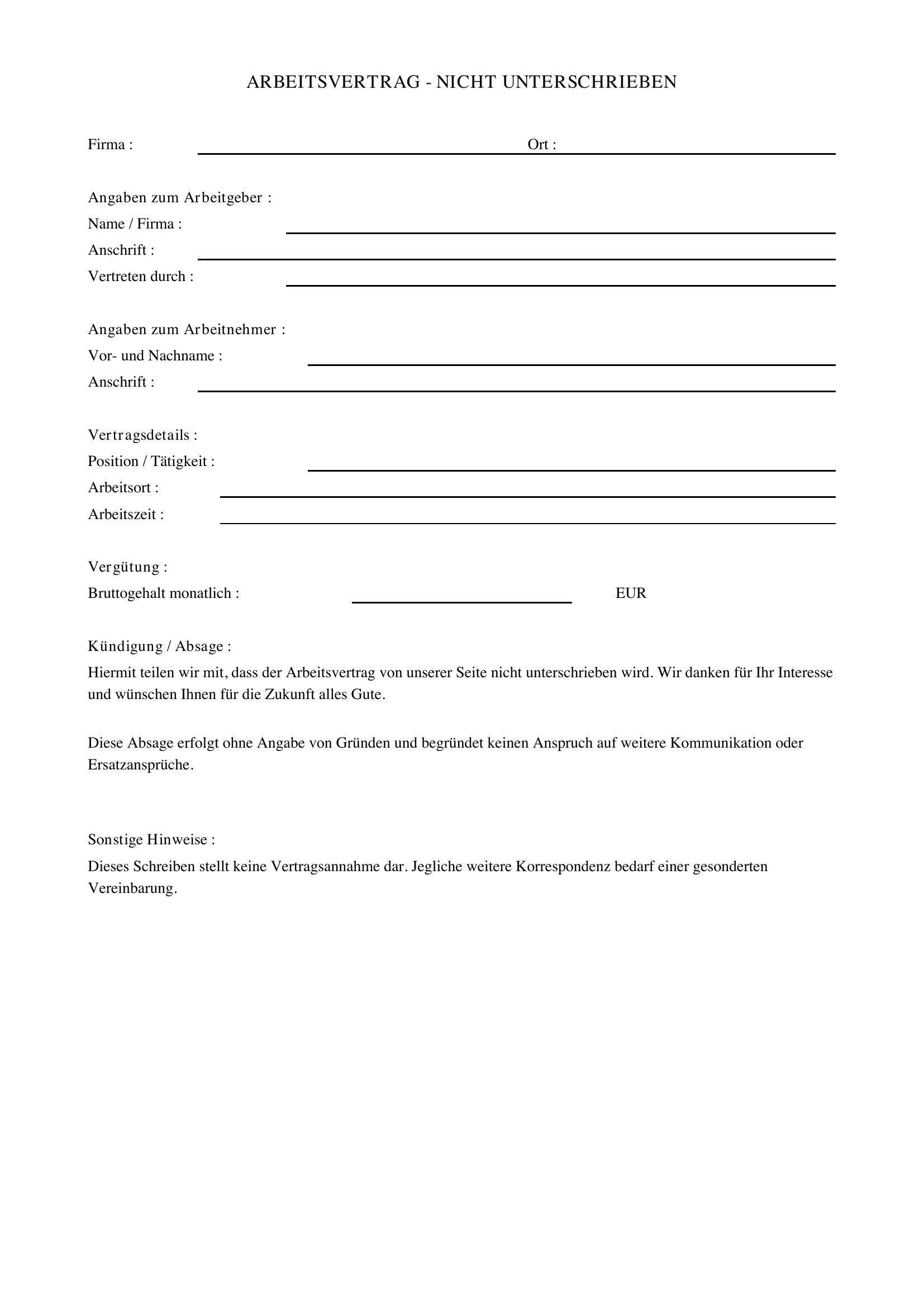 Arbeitsvertrag Nicht Unterschrieben Absagen Muster