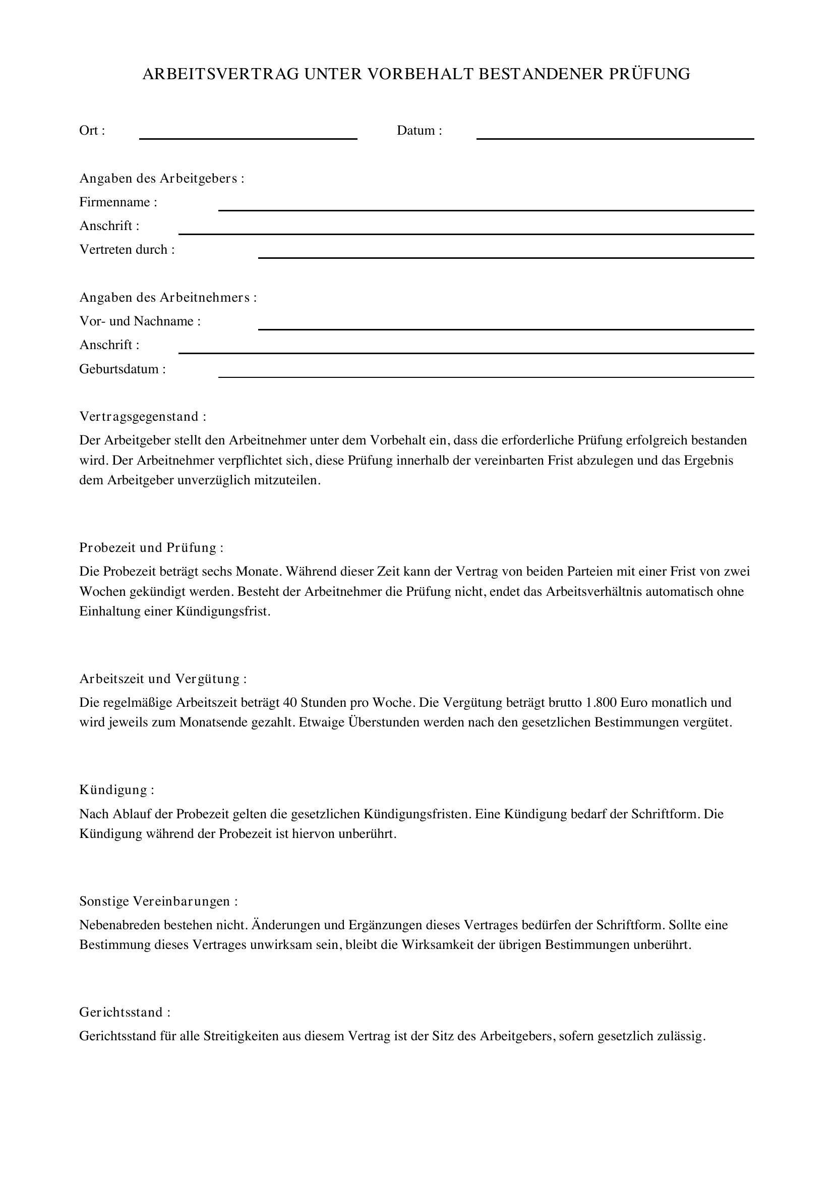 Arbeitsvertrag Unter Vorbehalt Bestandener Prüfung Muster
