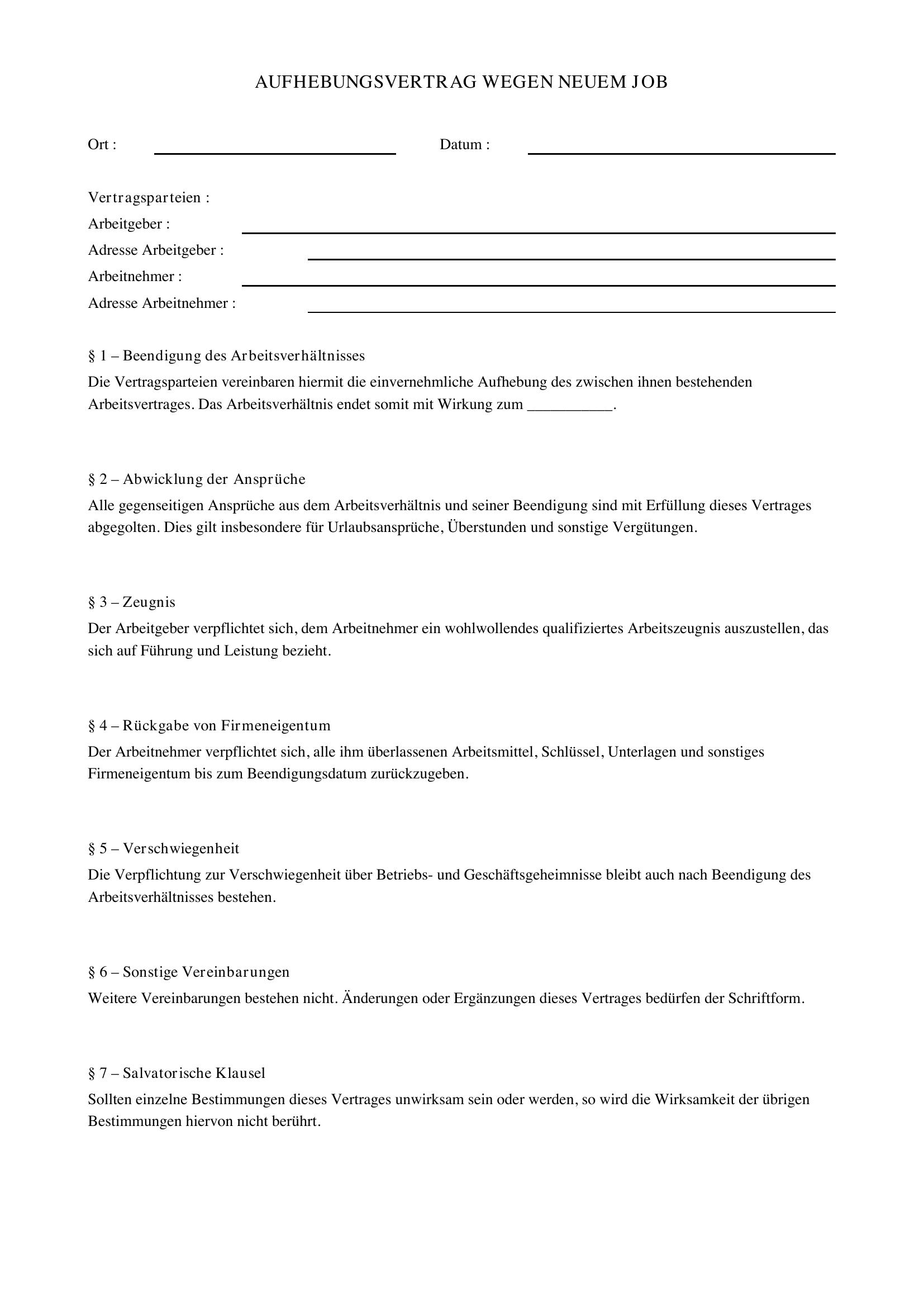 Aufhebungsvertrag Wegen Neuem Job Muster