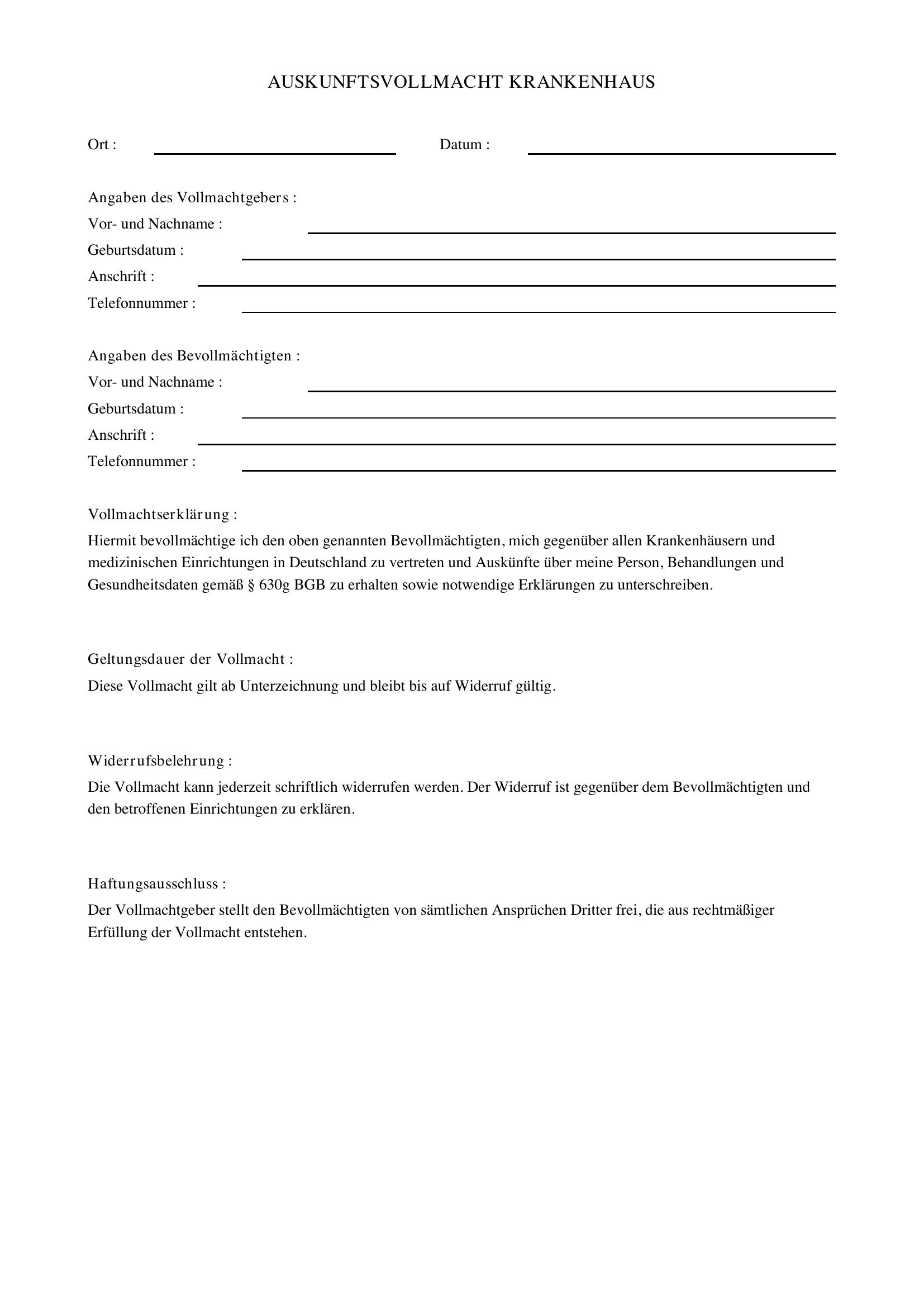Auskunftsvollmacht Krankenhaus