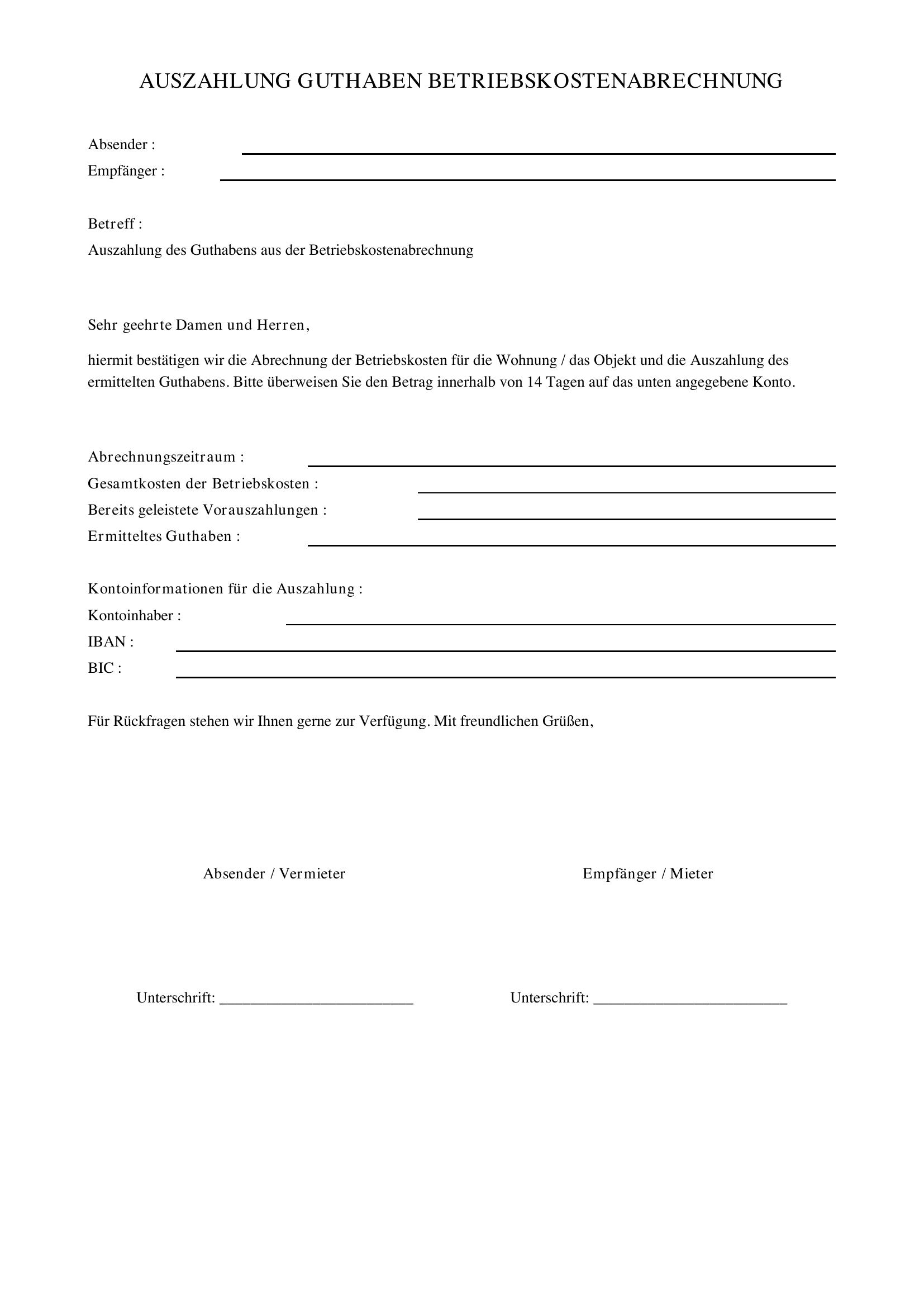 Auszahlung Guthaben Betriebskostenabrechnung Musterbrief