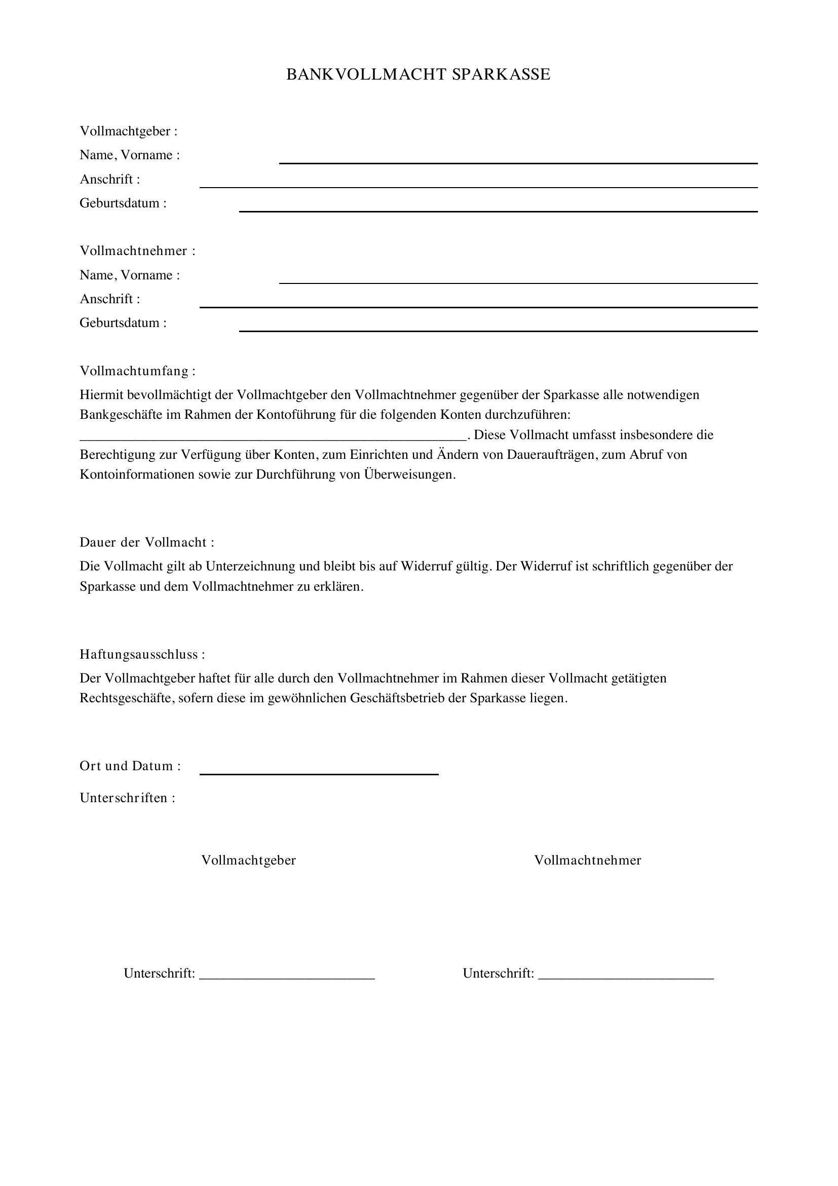 Bankvollmacht Sparkasse Vorlage