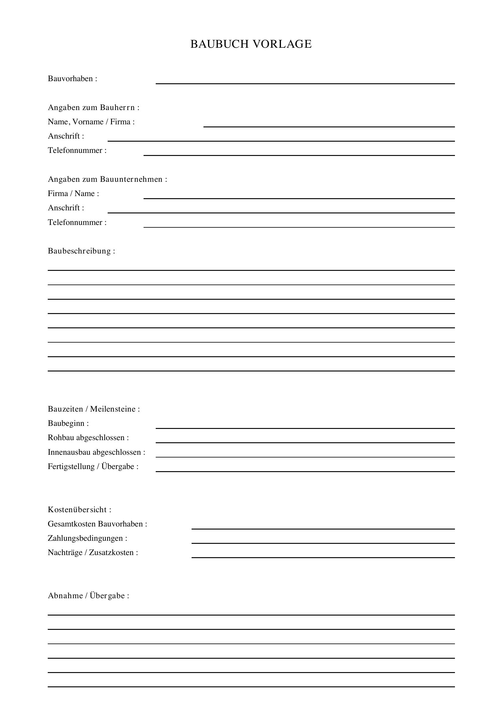 Baubuch Vorlage