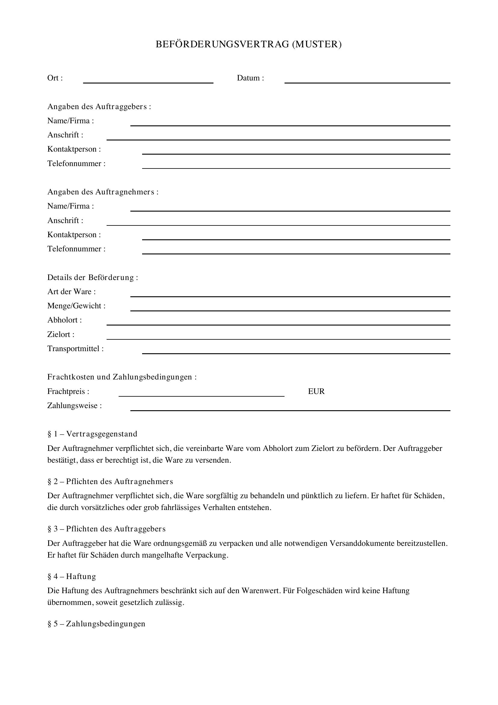 Beförderungsvertrag Muster