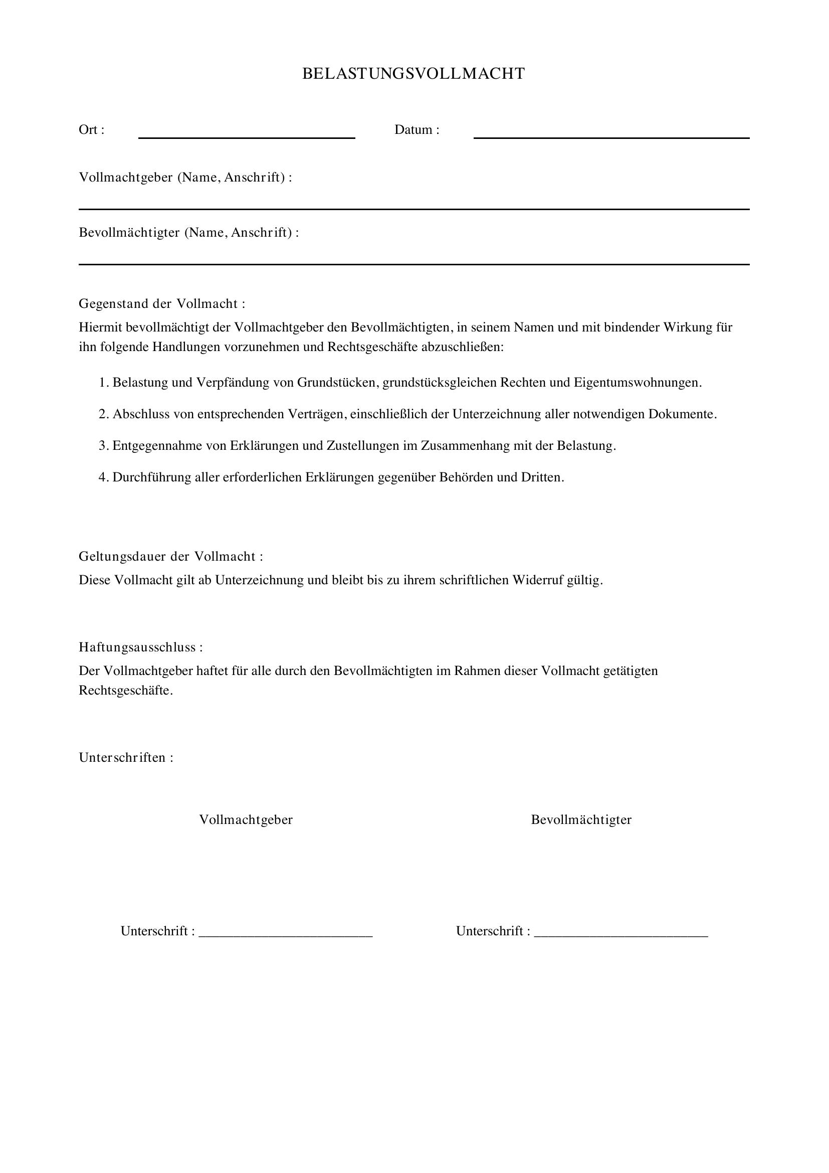 Belastungsvollmacht Muster