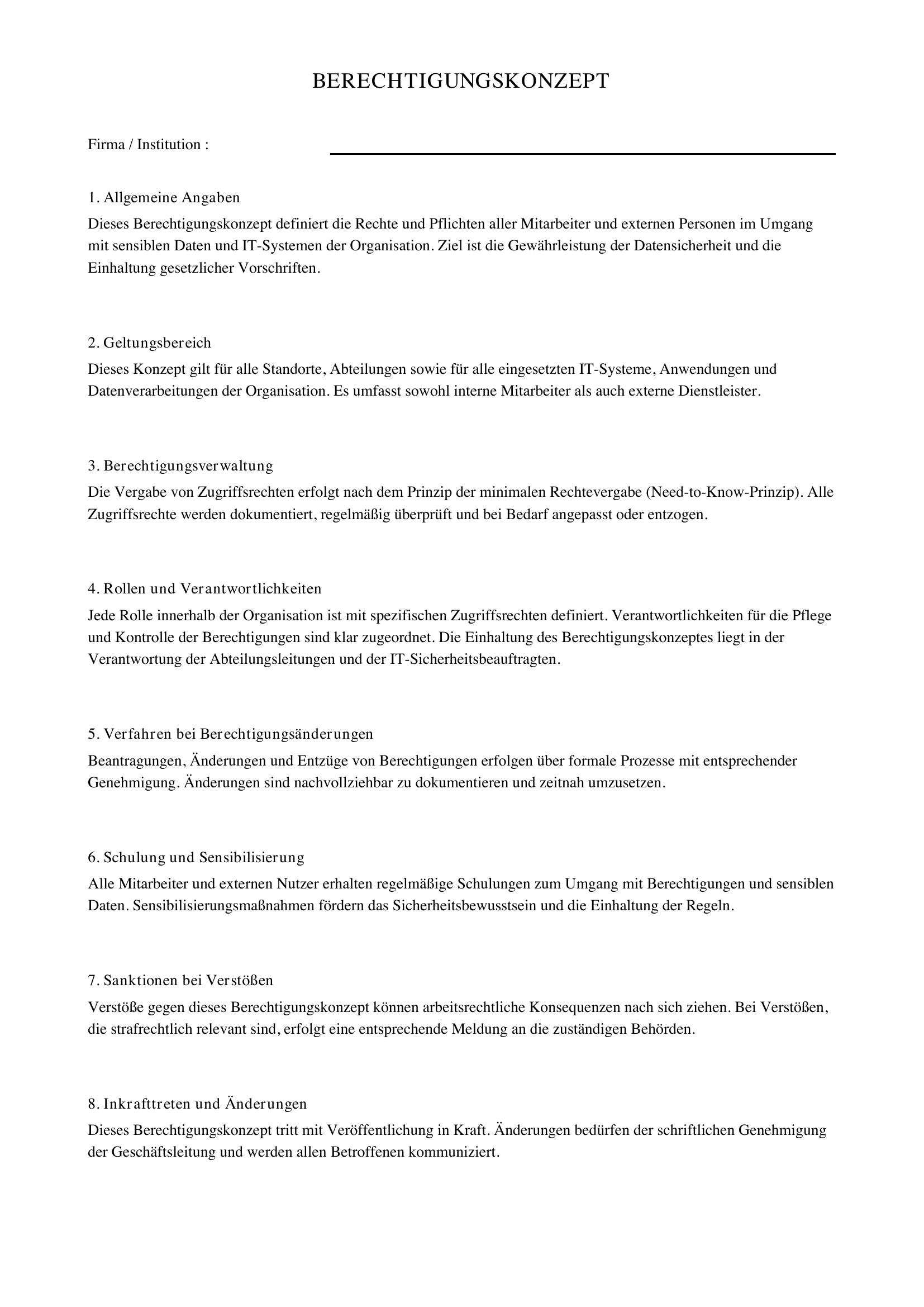 Berechtigungskonzept Vorlage