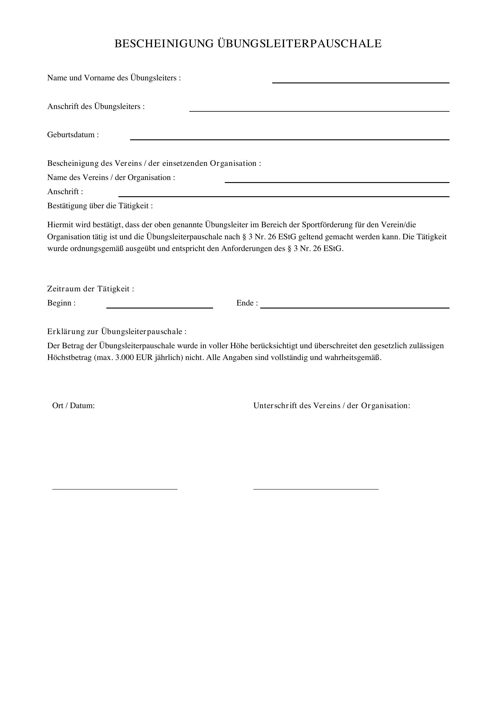Bescheinigung Übungsleiterpauschale Finanzamt