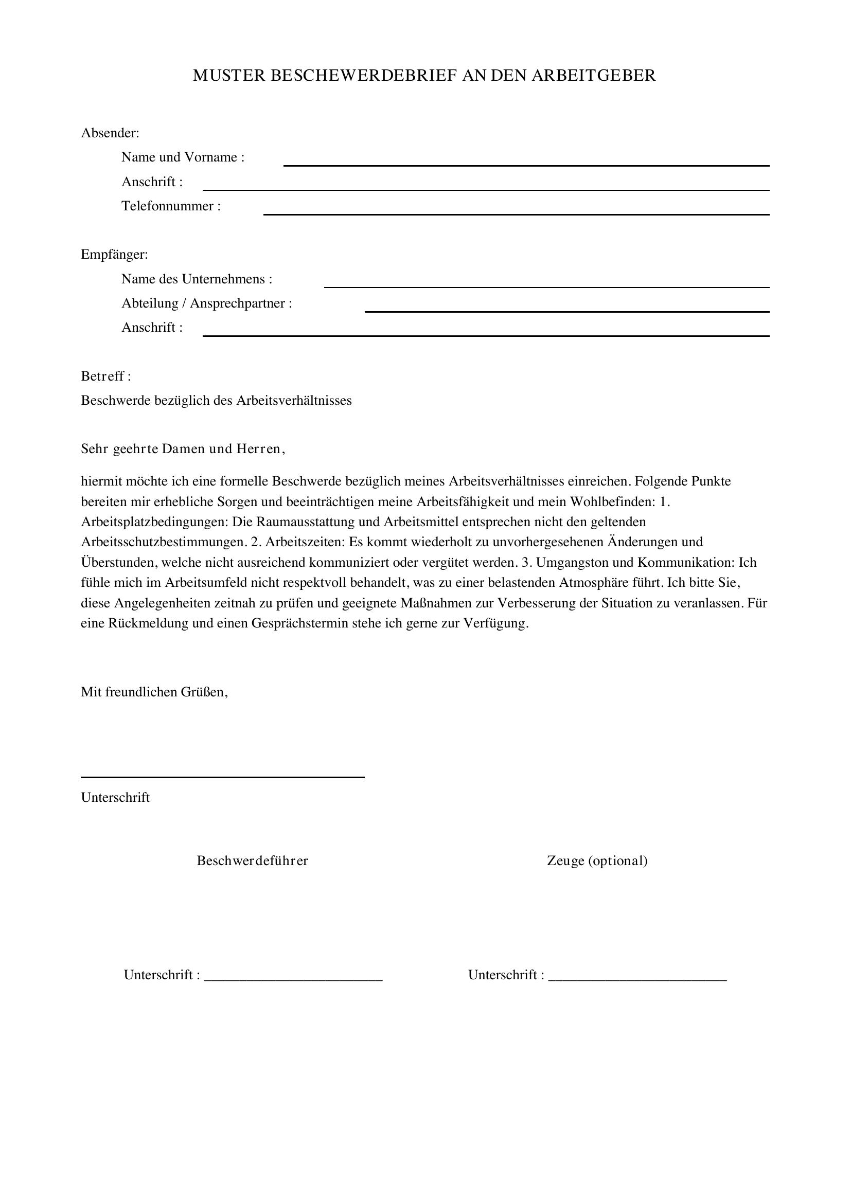 Beschwerdebrief Muster Arbeitgeber