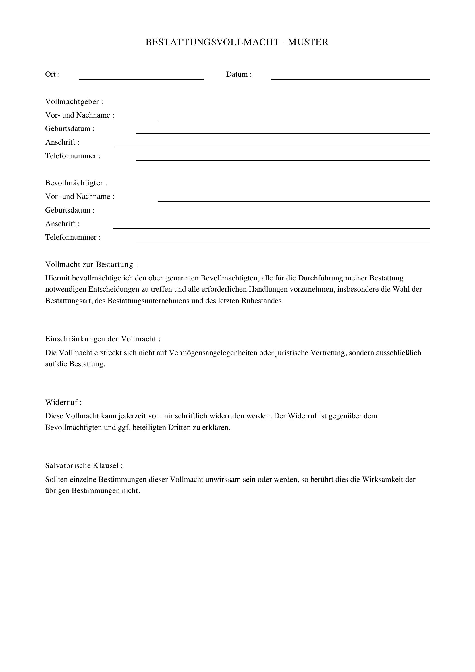 Bestattungsvollmacht Muster