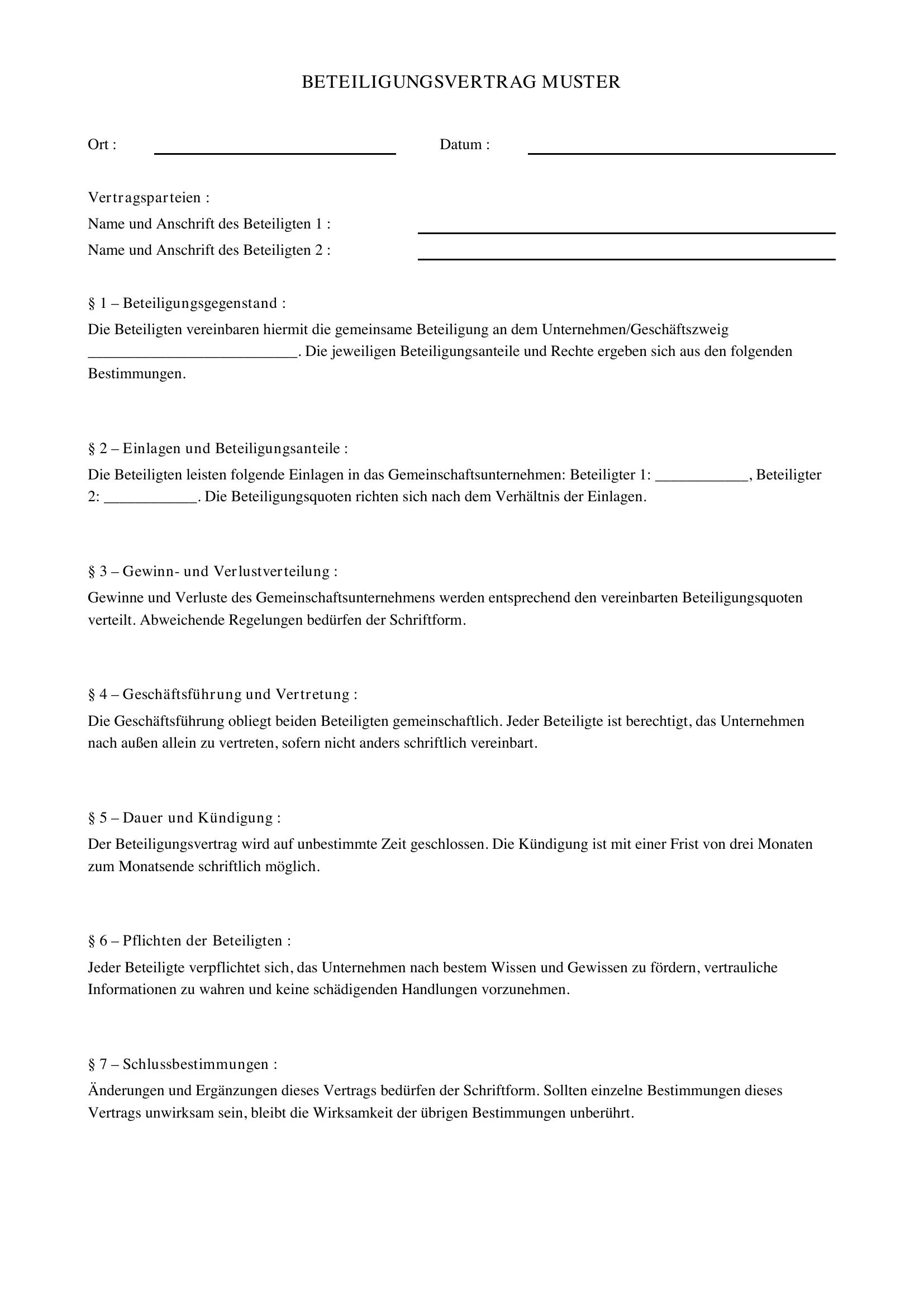 Beteiligungsvertrag Muster