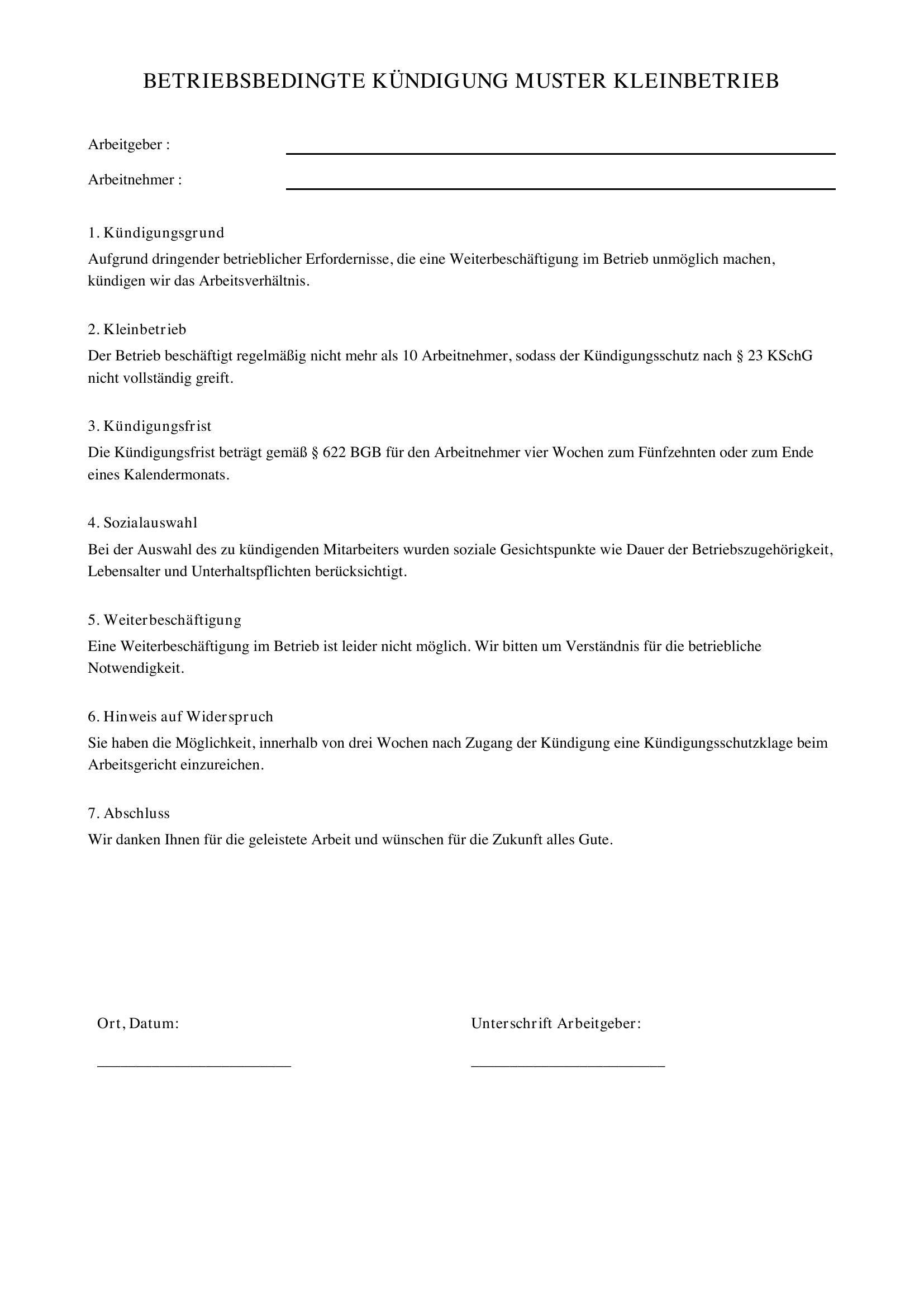 Betriebsbedingte Kündigung - Muster Kleinbetrieb