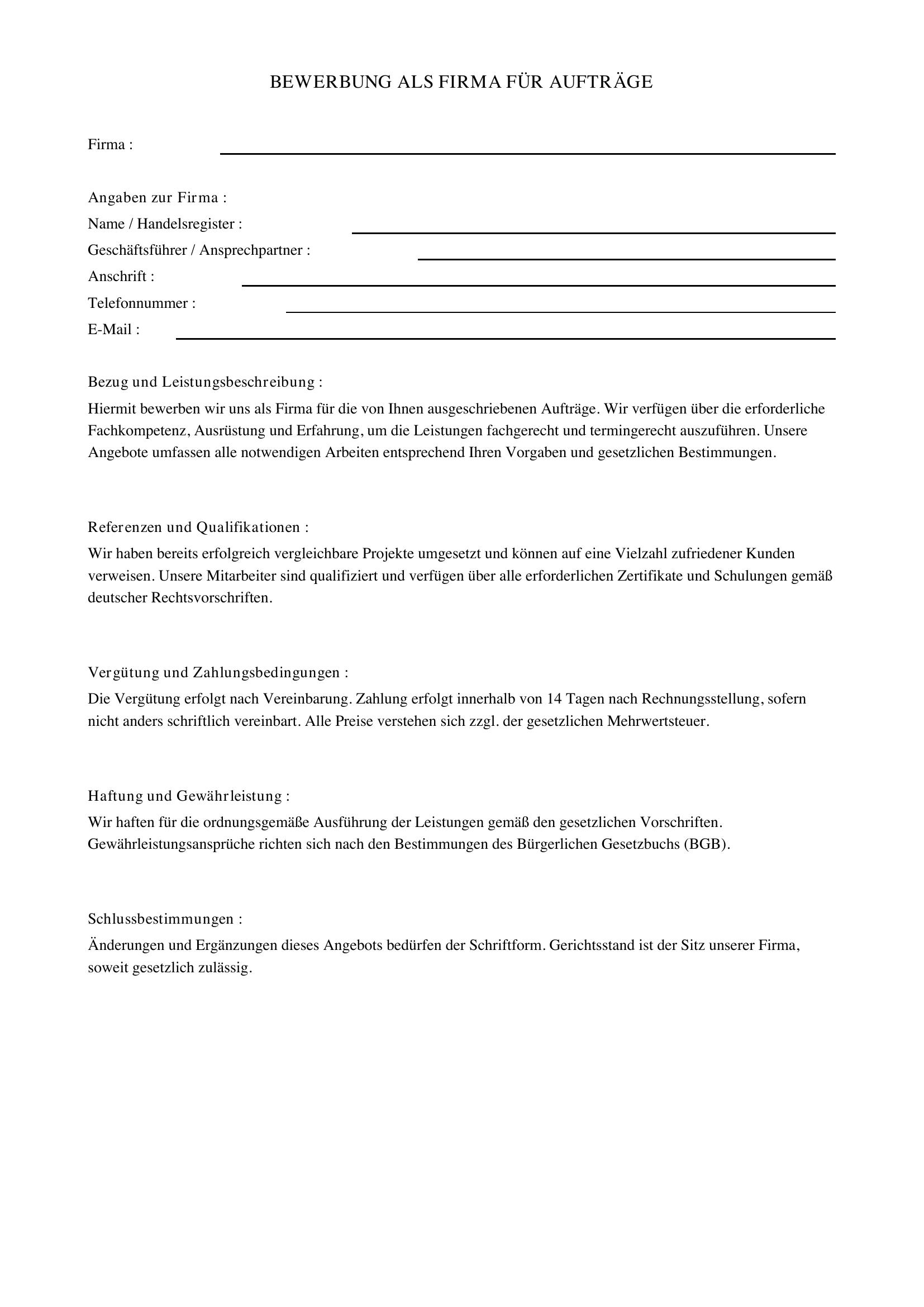 Bewerbung Als Firma Für Aufträge Muster