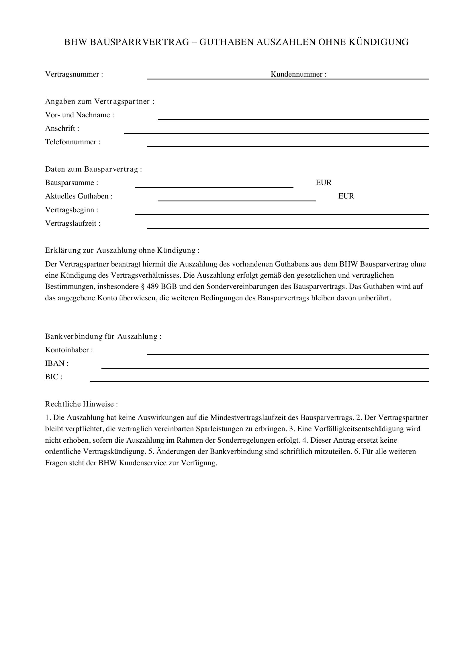 Bhw Bausparvertrag Guthaben Auszahlen Ohne Kündigung