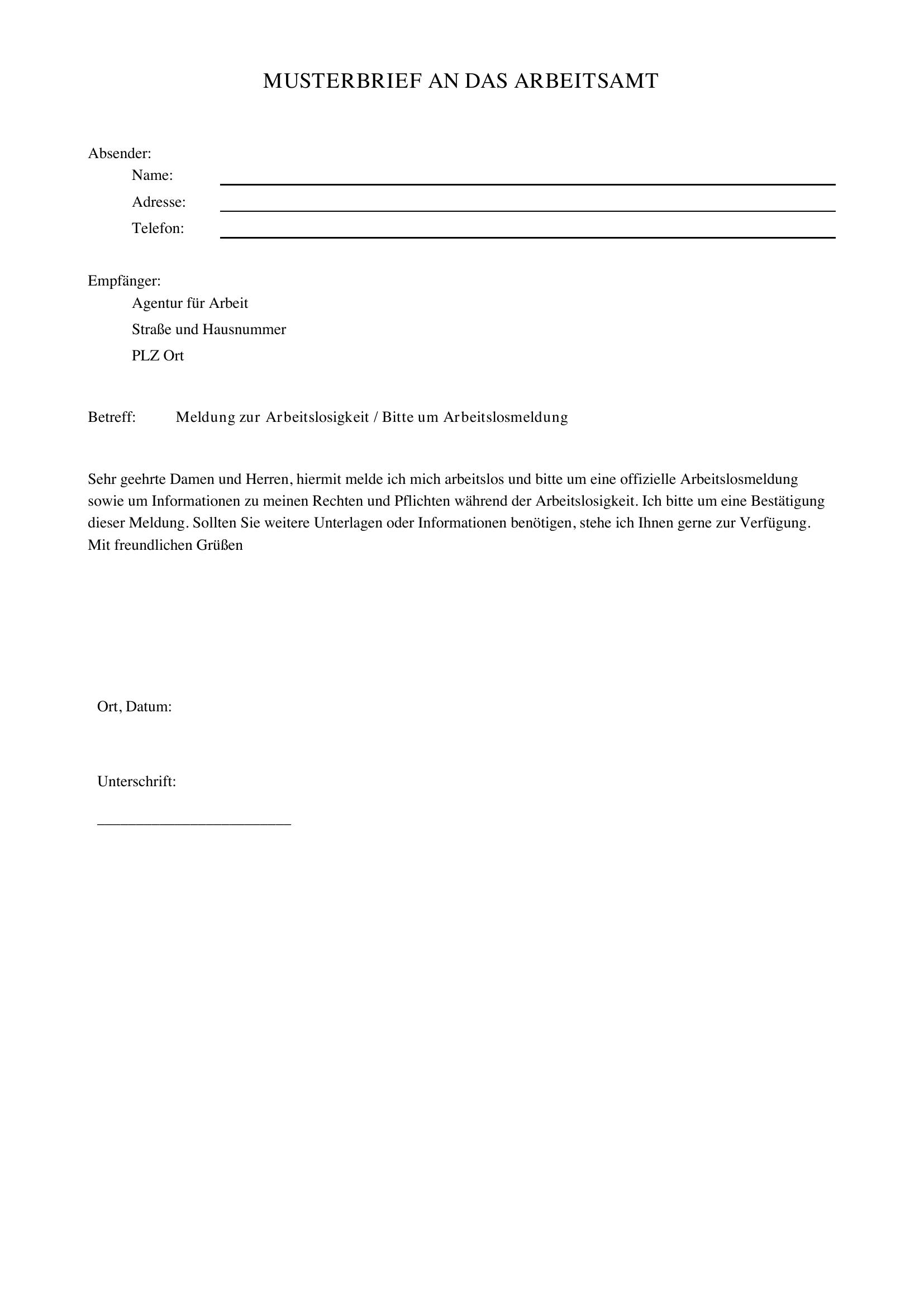 Brief An Arbeitsamt Muster