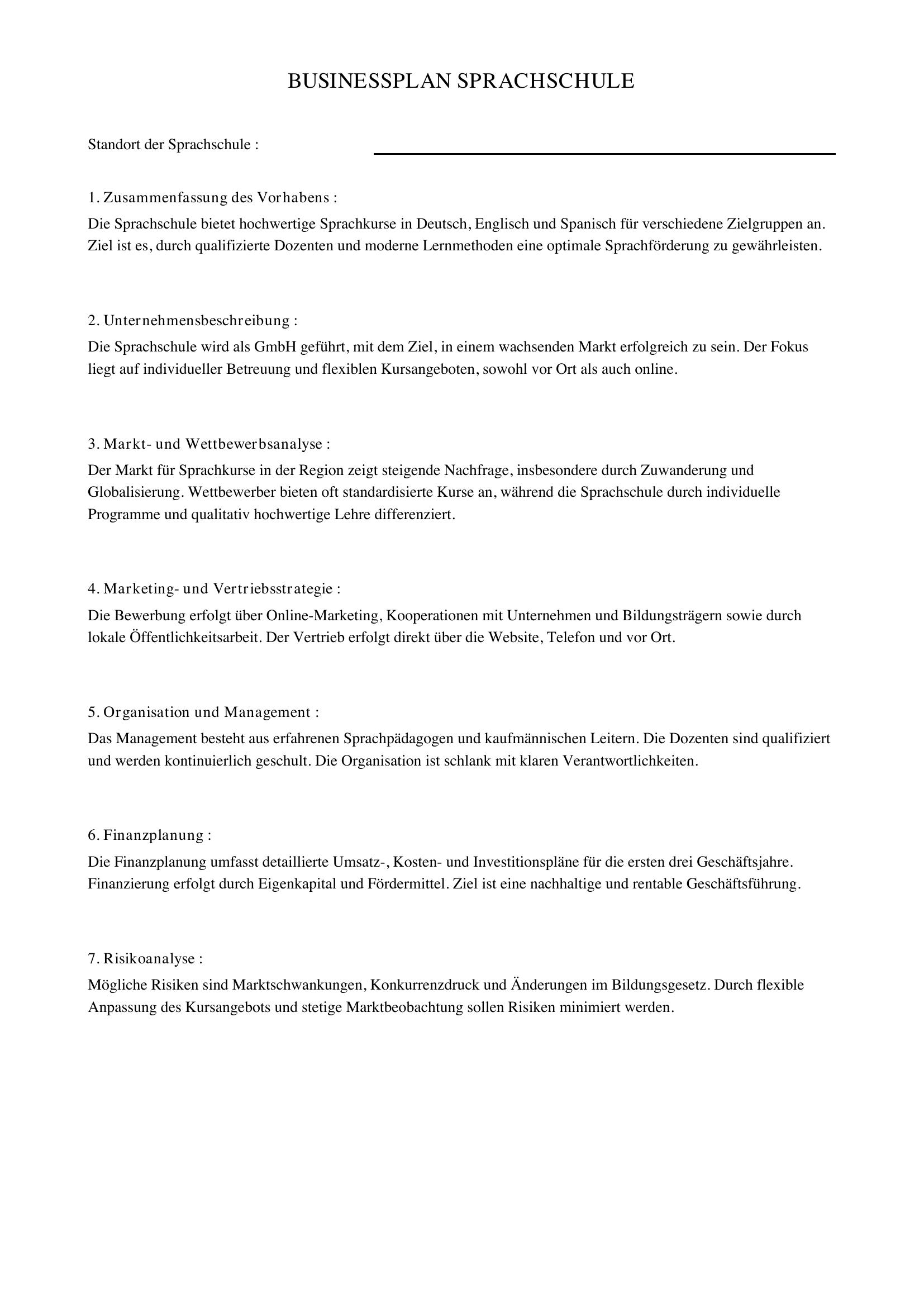Businessplan Sprachschule