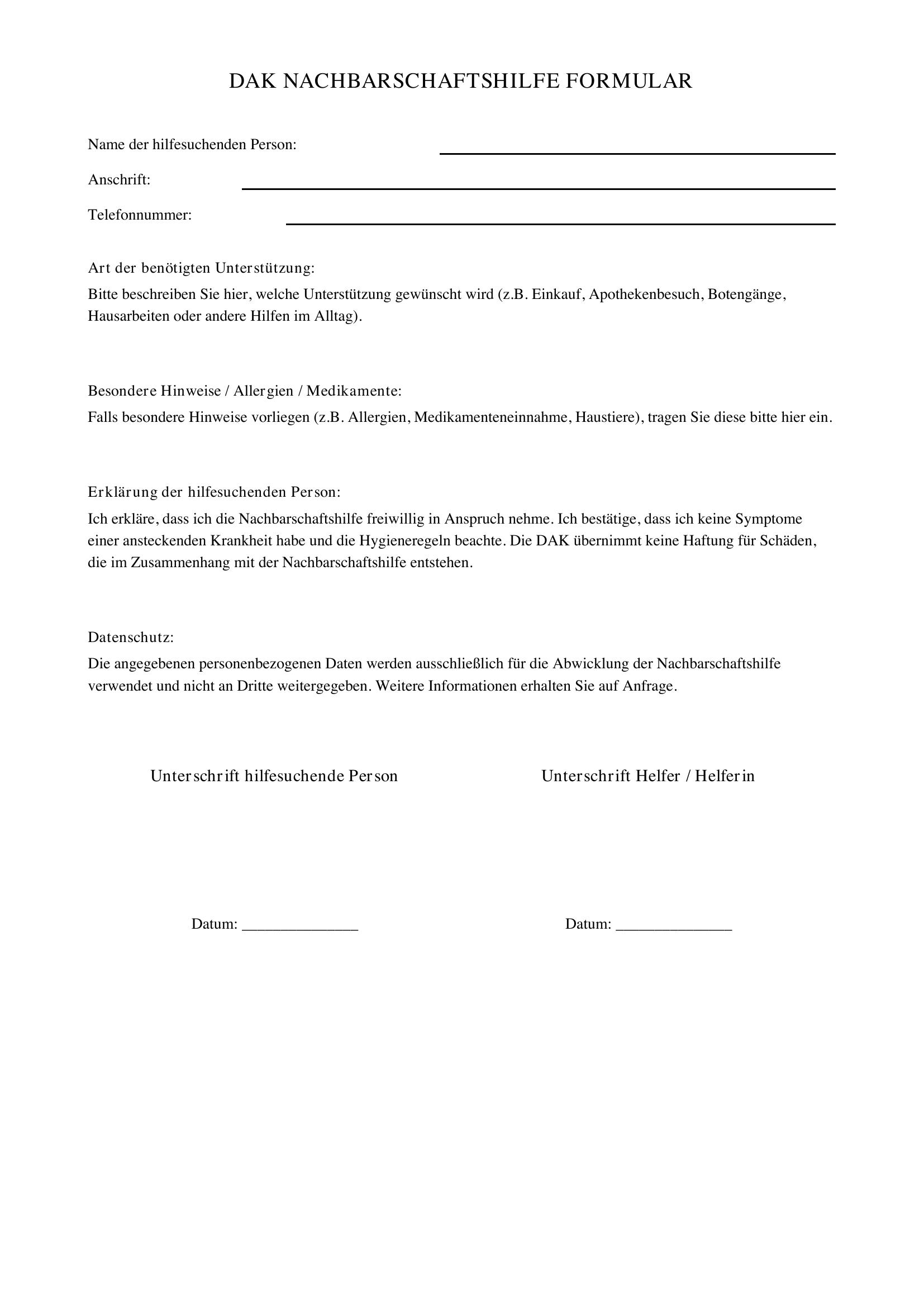 Dak Nachbarschaftshilfe Formular