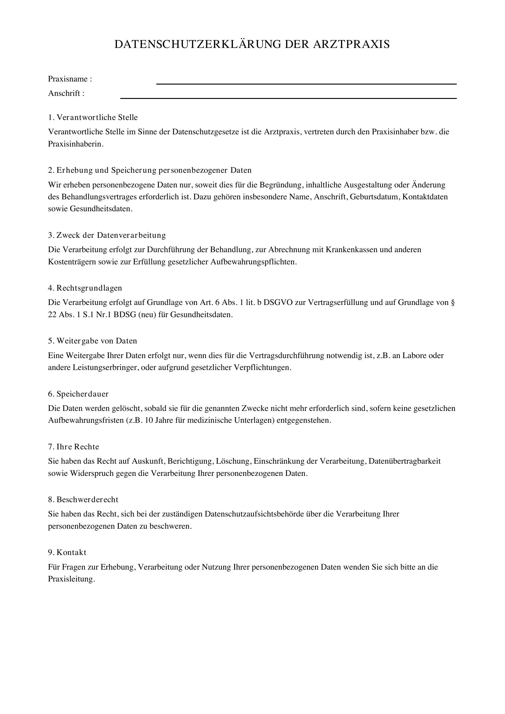 Datenschutzerklärung Arztpraxis Vorlage