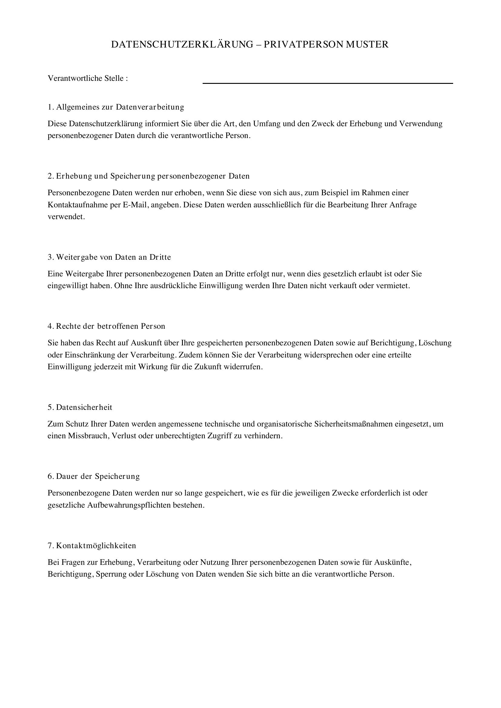 Datenschutzerklärung Privatperson Muster