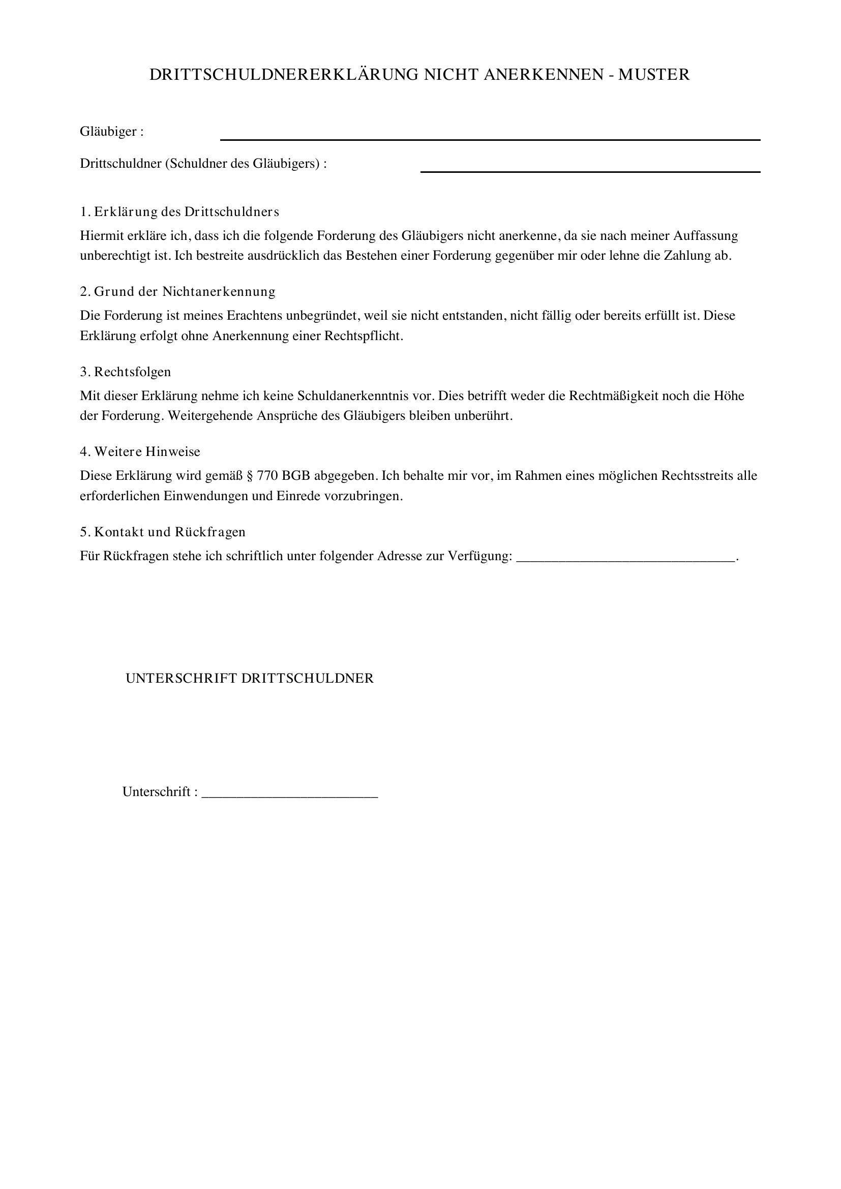 Drittschuldnererklärung Nicht Anerkennen Muster