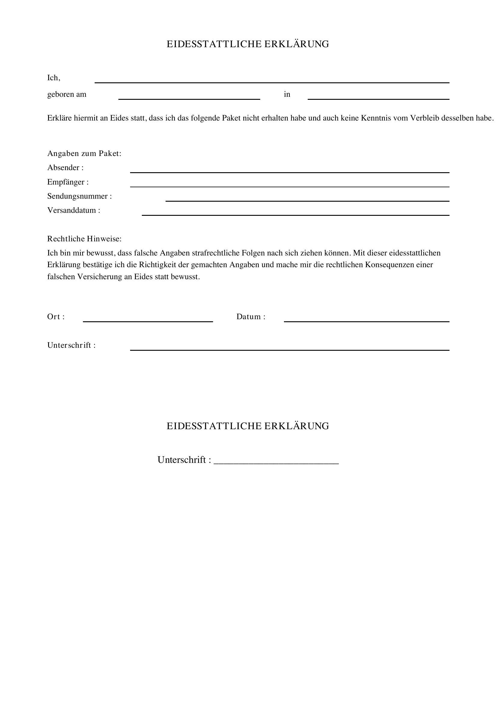 Eidesstattliche Erklärung Paket Nicht Erhalten