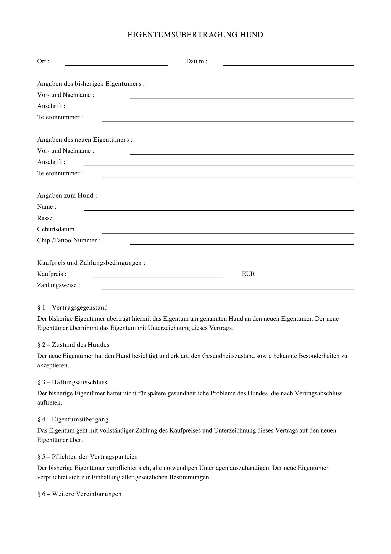 Eigentumsübertragung Hund Vorlage