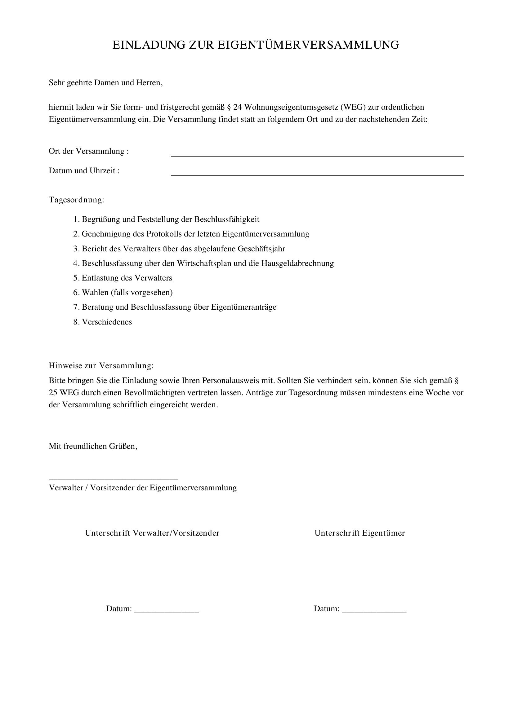 Einladung Eigentümerversammlung Vorlage