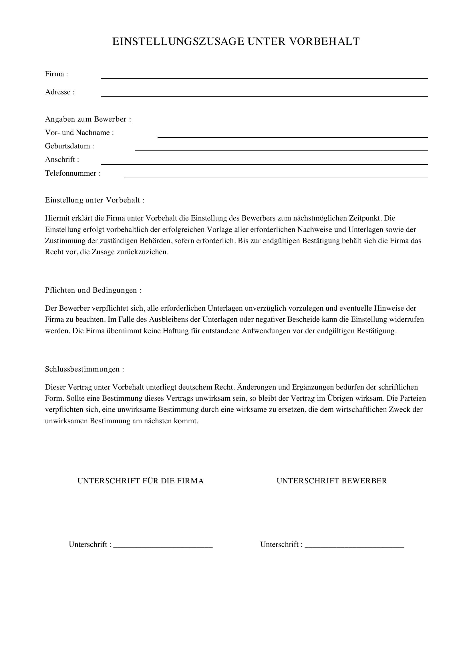 Einstellungszusage Unter Vorbehalt Vorlage