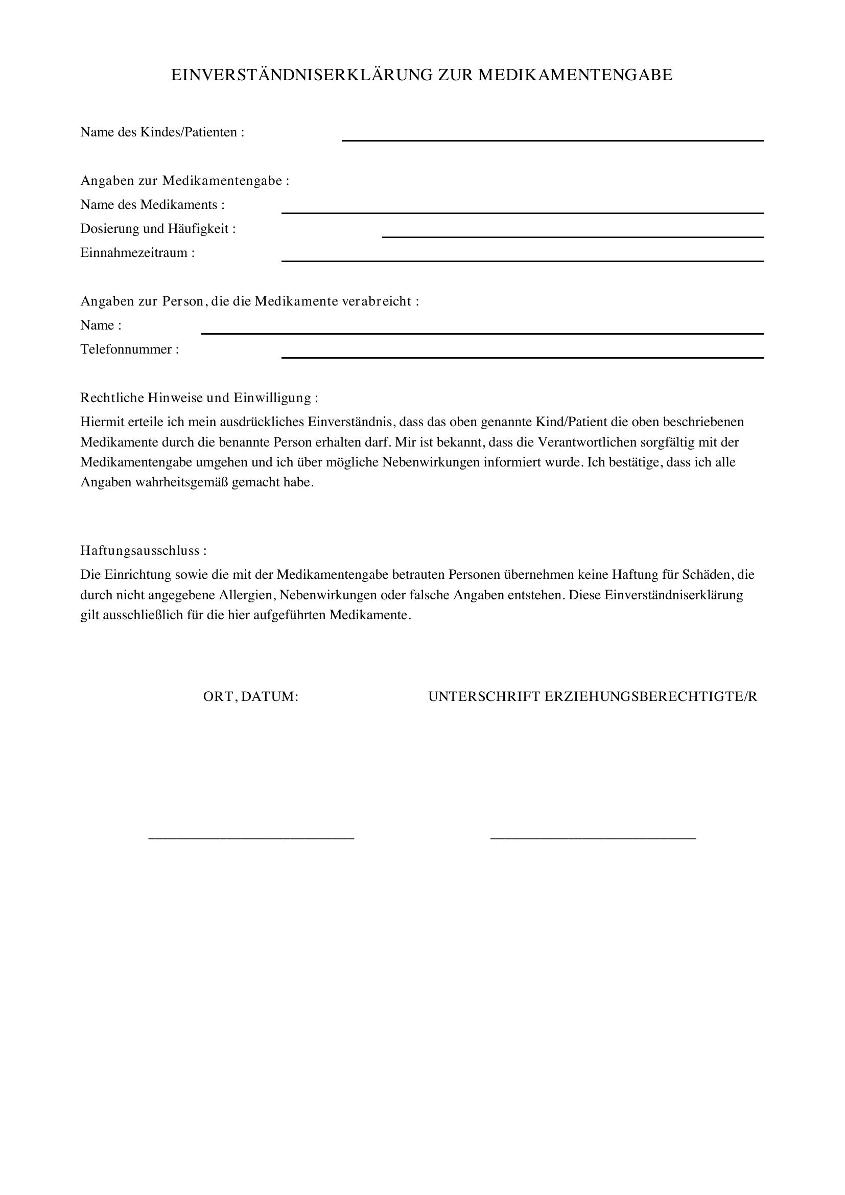 Einverständniserklärung Medikamentengabe Muster