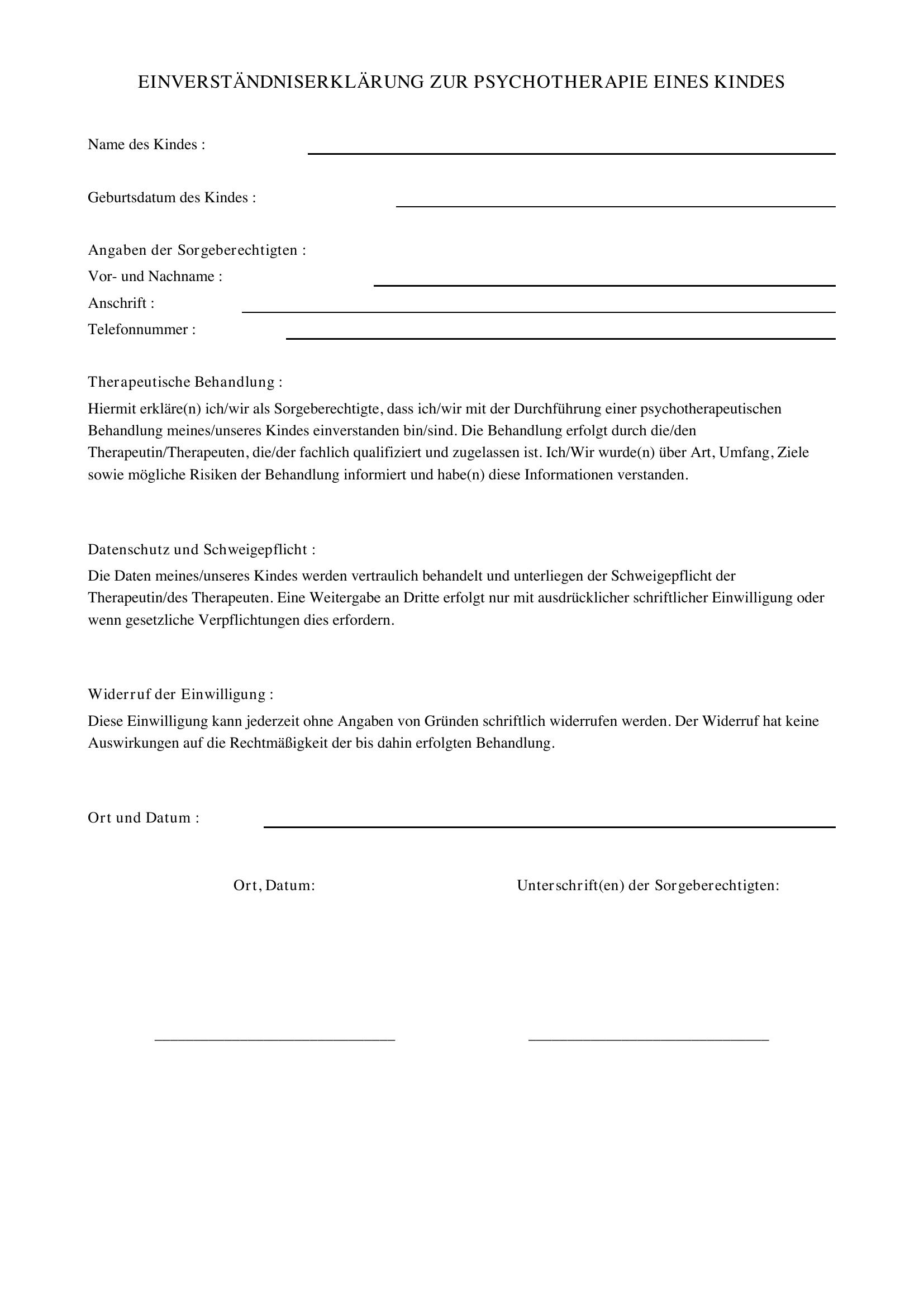 Einverständniserklärung Psychotherapie Kind Vorlage