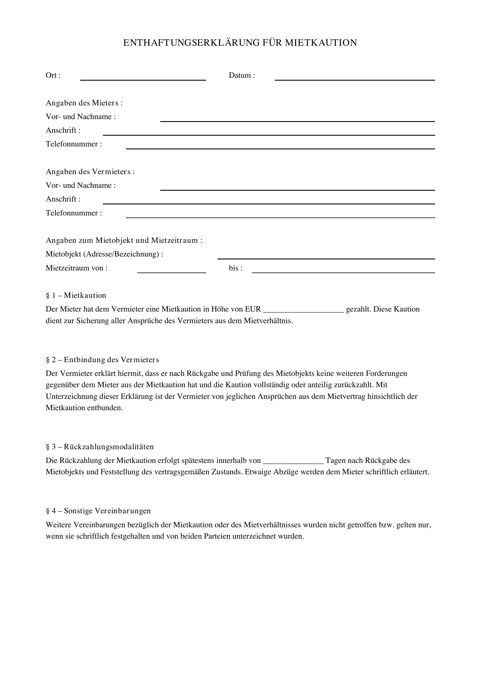 Enthaftungserklärung Mietkaution Vorlage