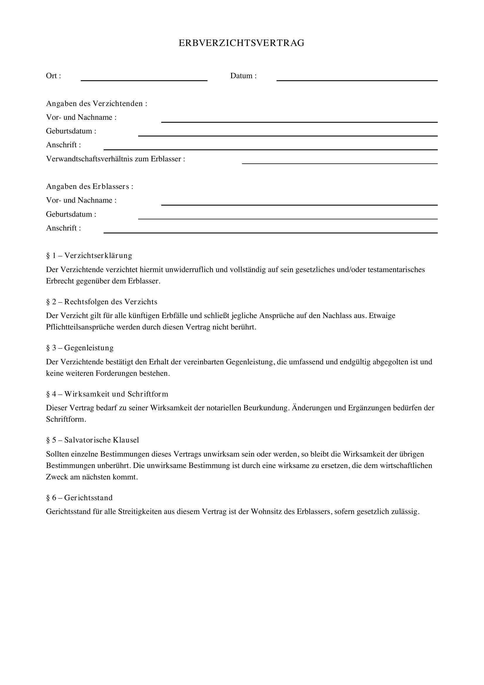 Erbverzichtsvertrag Muster