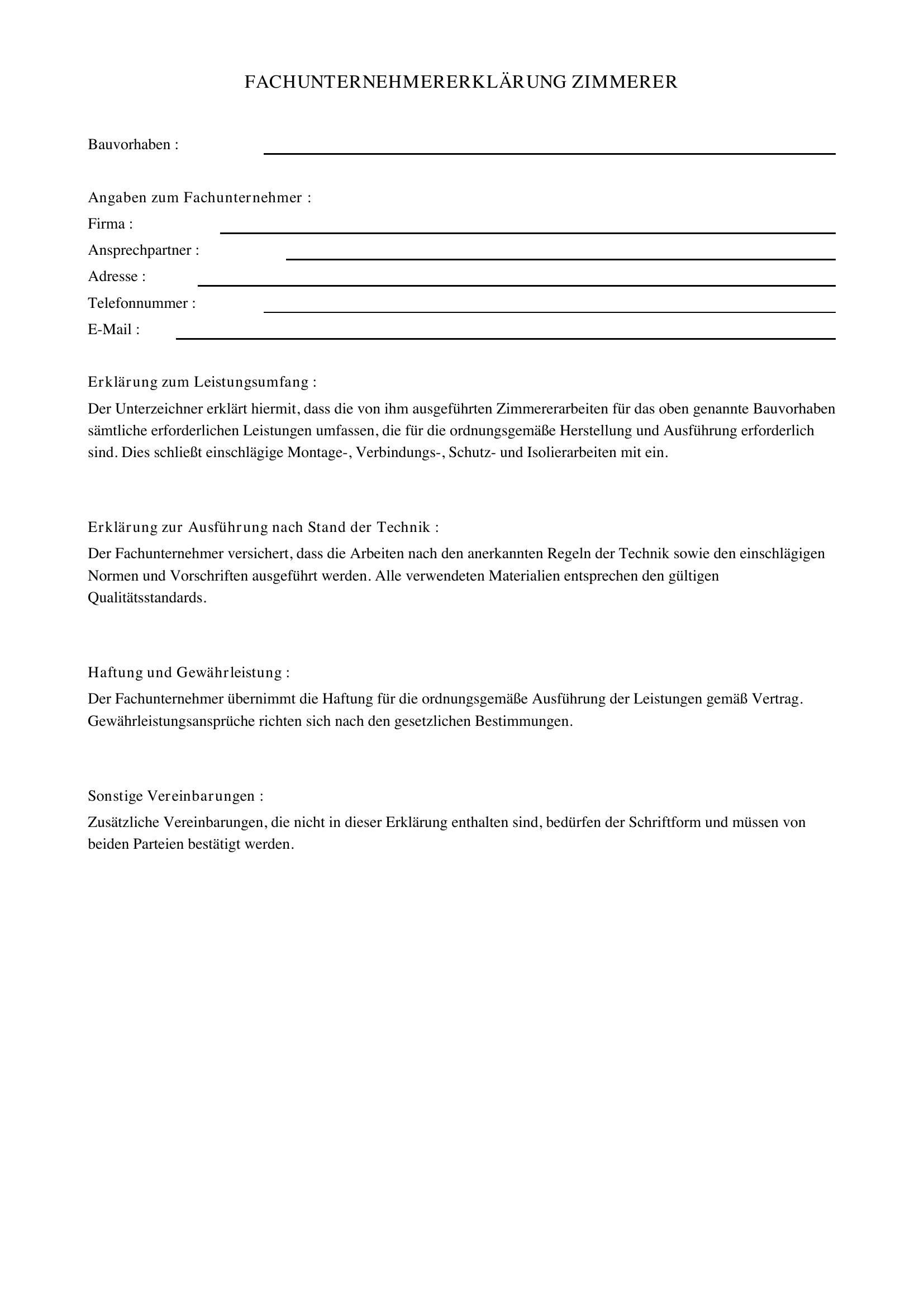 Fachunternehmererklärung Zimmerer