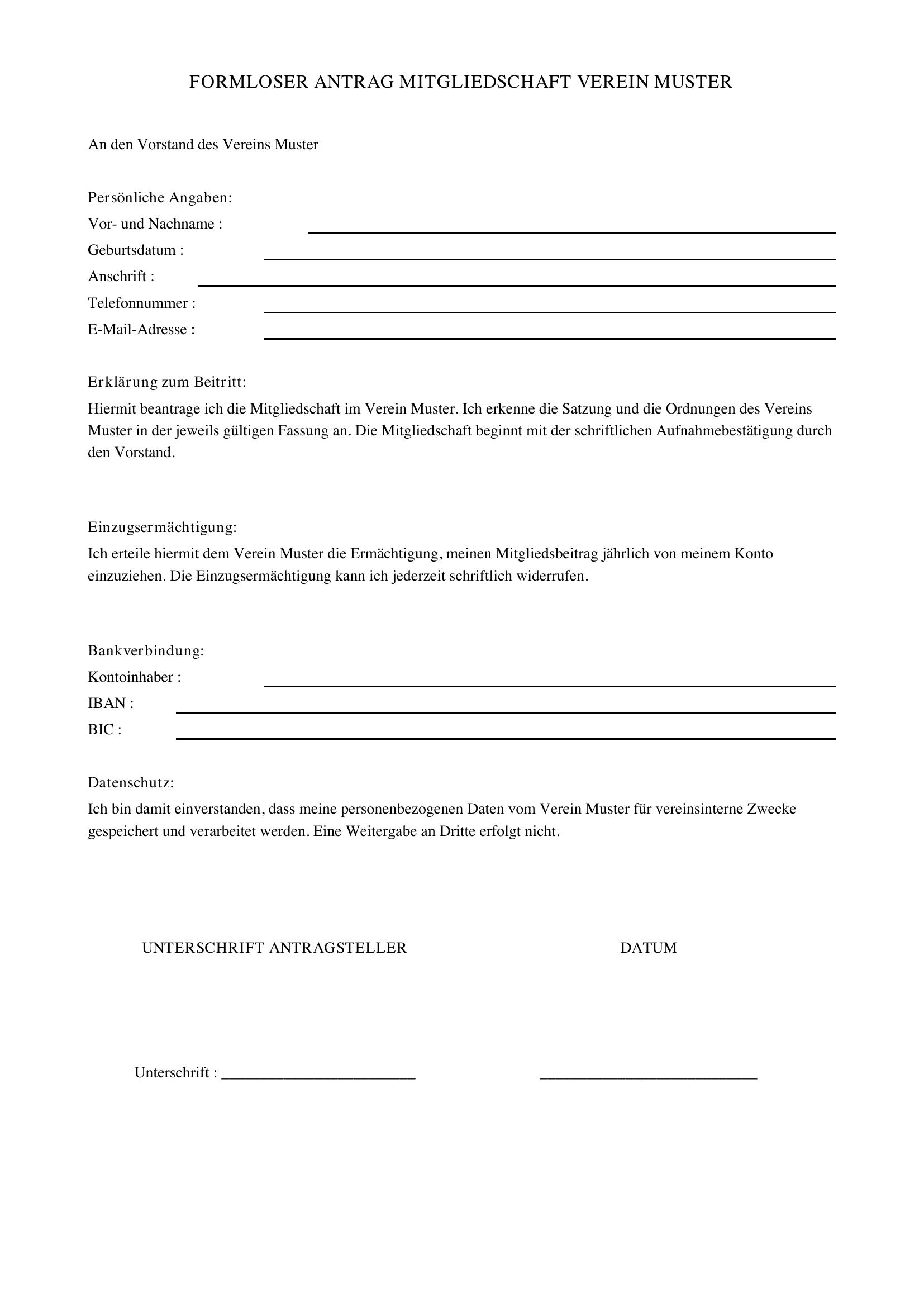 Formloser Antrag Mitgliedschaft Verein Muster