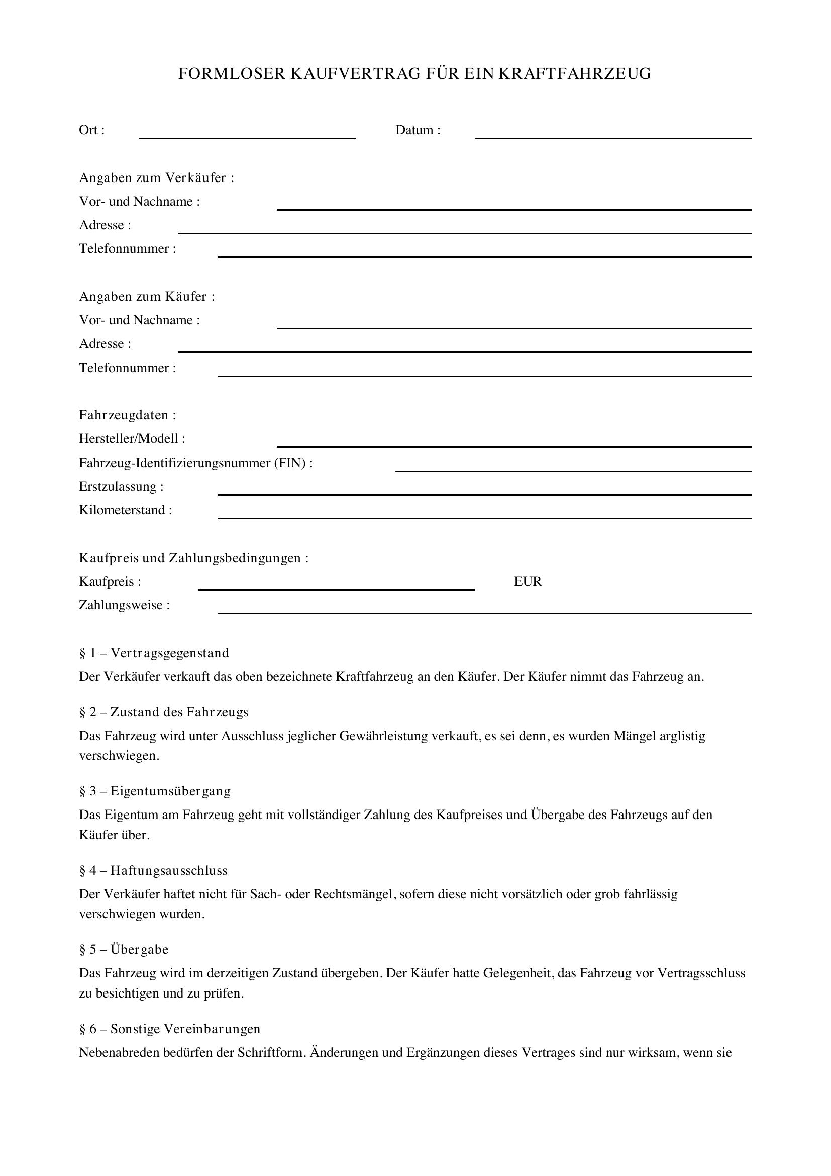 Formloser Kaufvertrag Auto