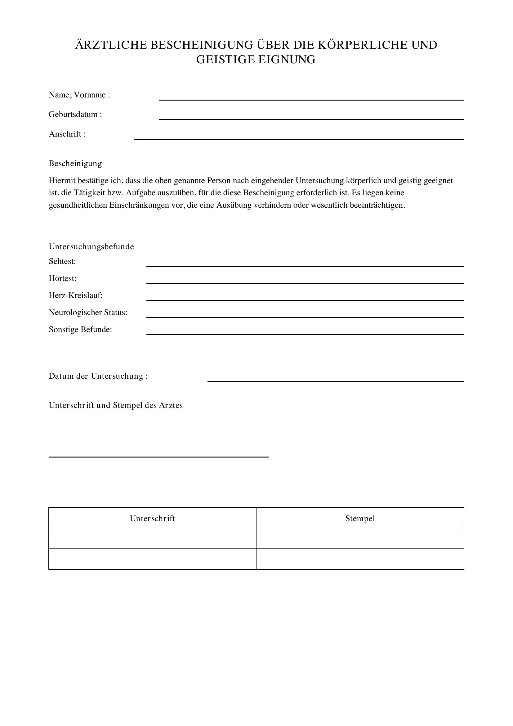 Formular Ärztliche Bescheinigung Über Die Körperliche Und Geistige Eignung