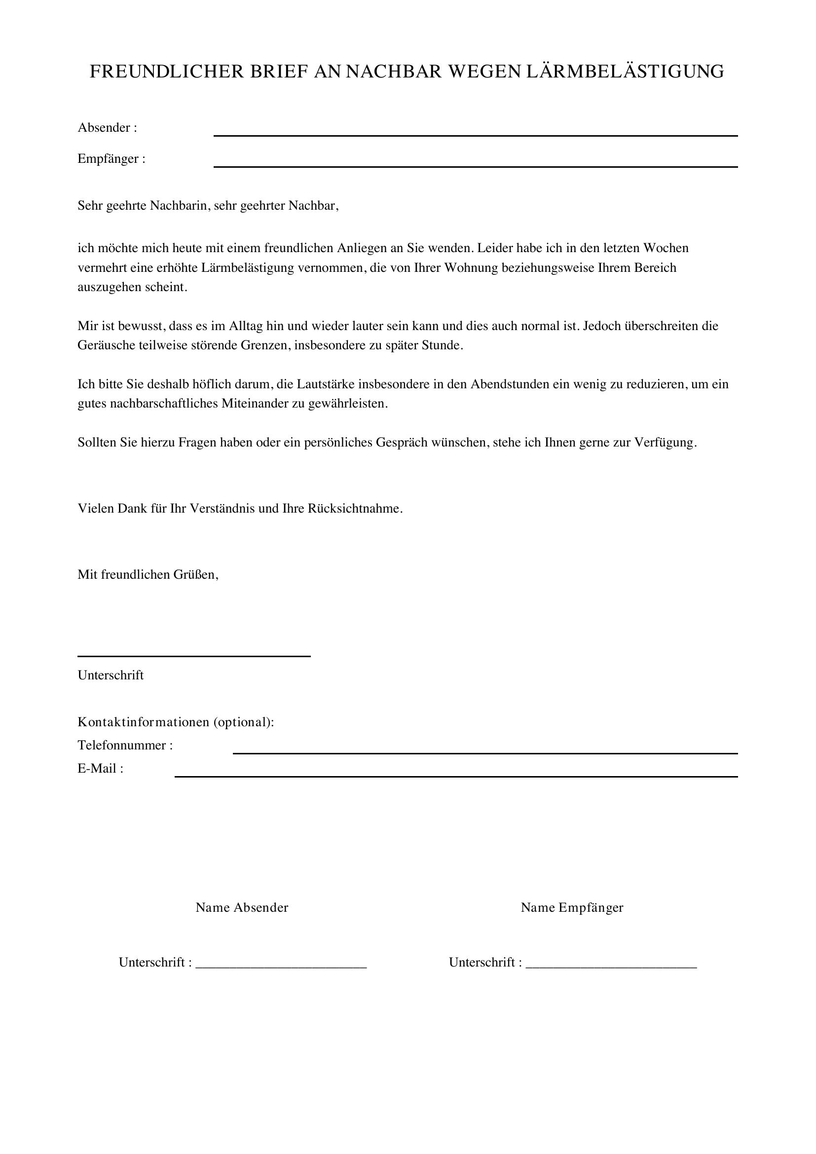 Freundlicher Brief An Nachbarn Wegen Lärmbelästigung