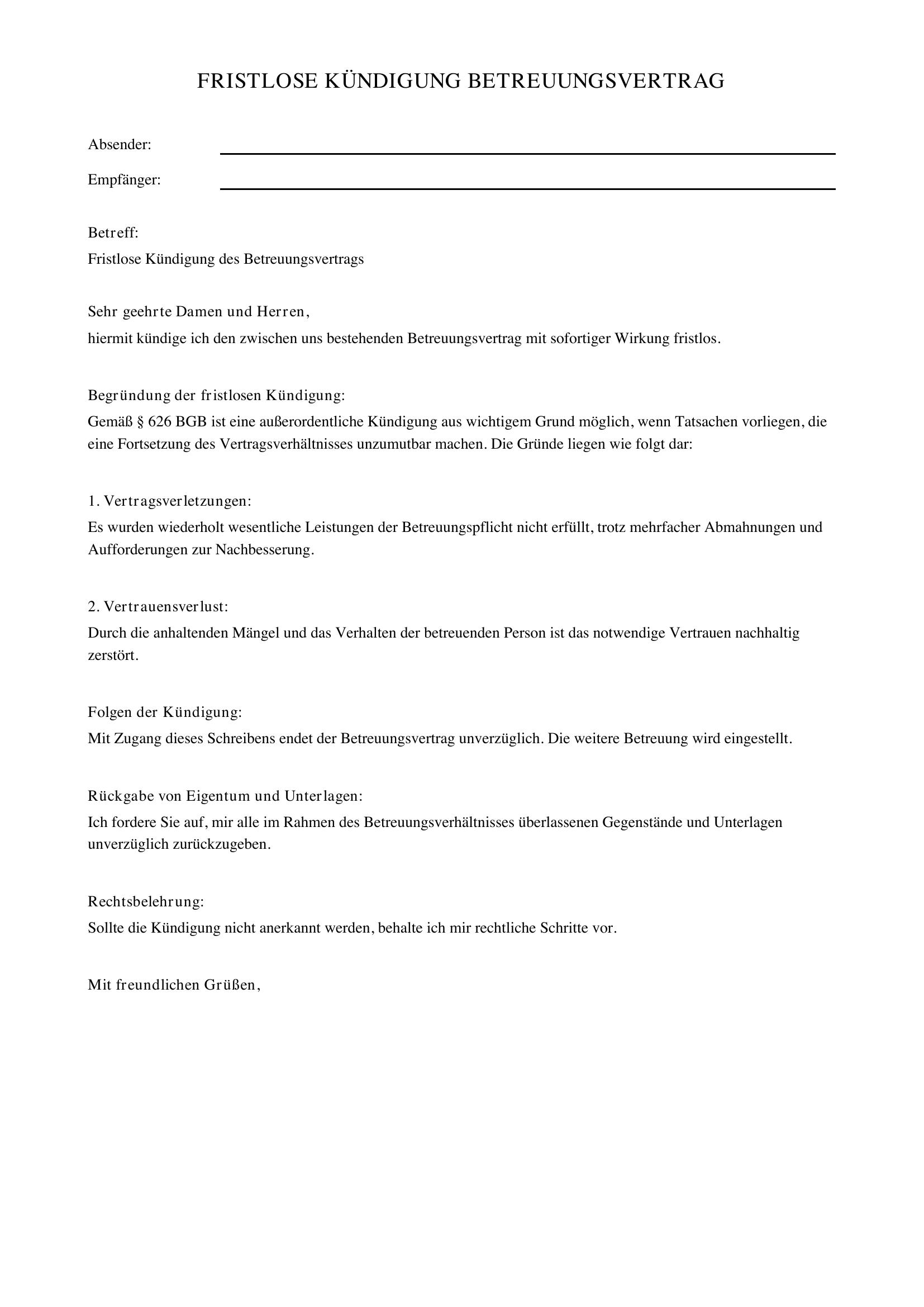 Fristlose Kündigung Betreuungsvertrag Muster