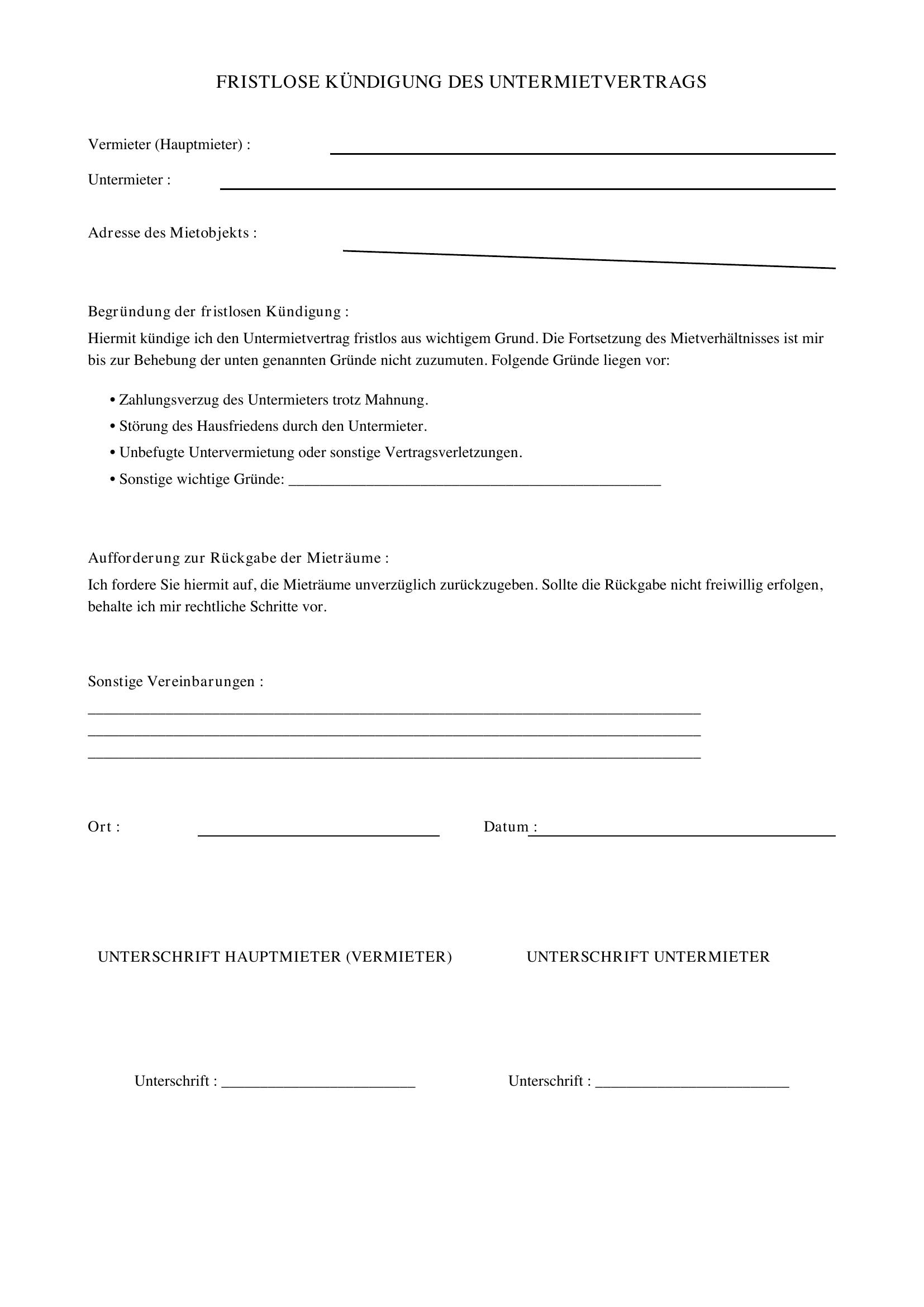Fristlose Kündigung Untermietvertrag Vorlage