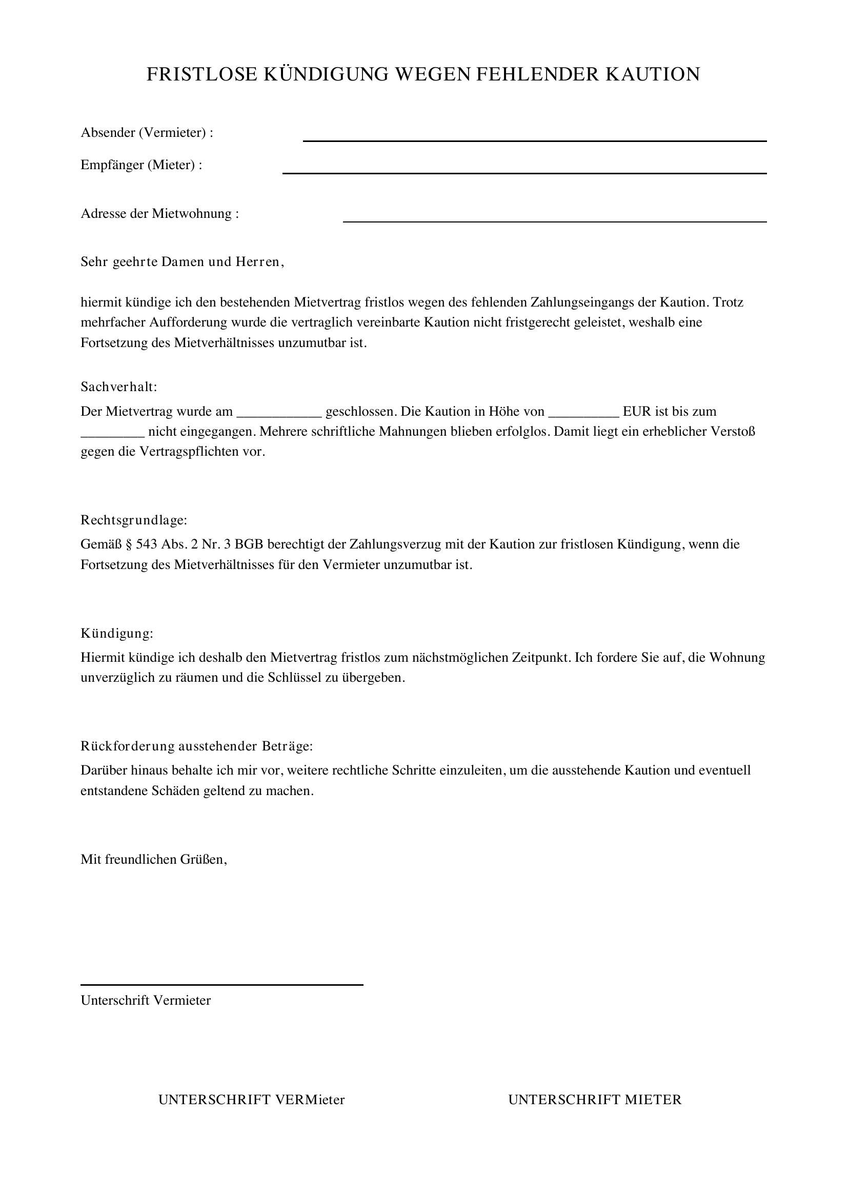 Fristlose Kündigung Wegen Fehlender Kaution Muster