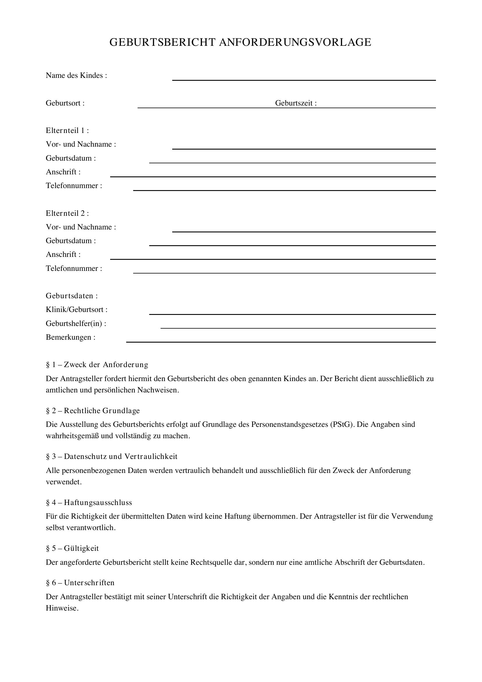 Geburtsbericht Anfordern Vorlage