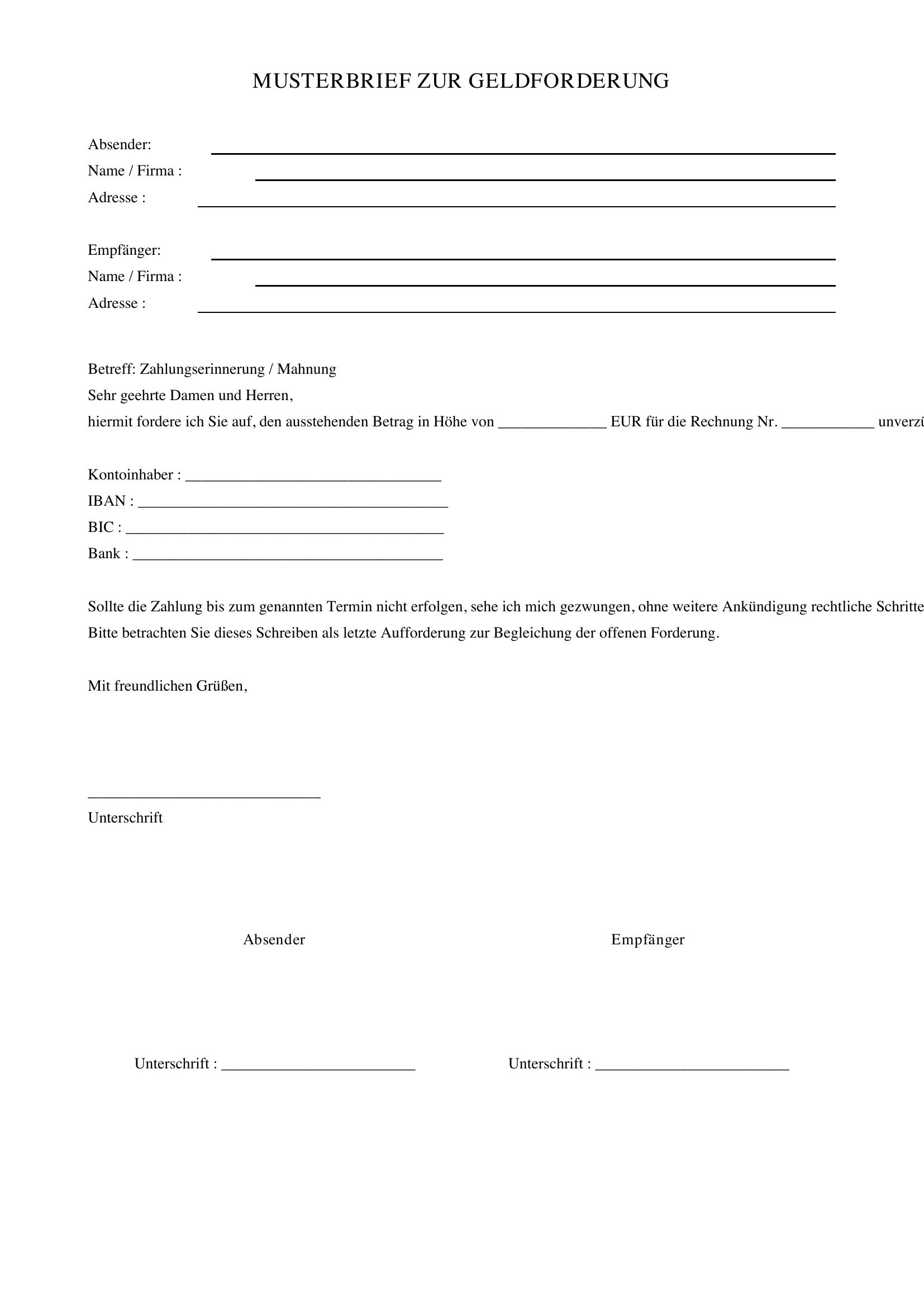 Geld Einfordern Privat Musterbrief