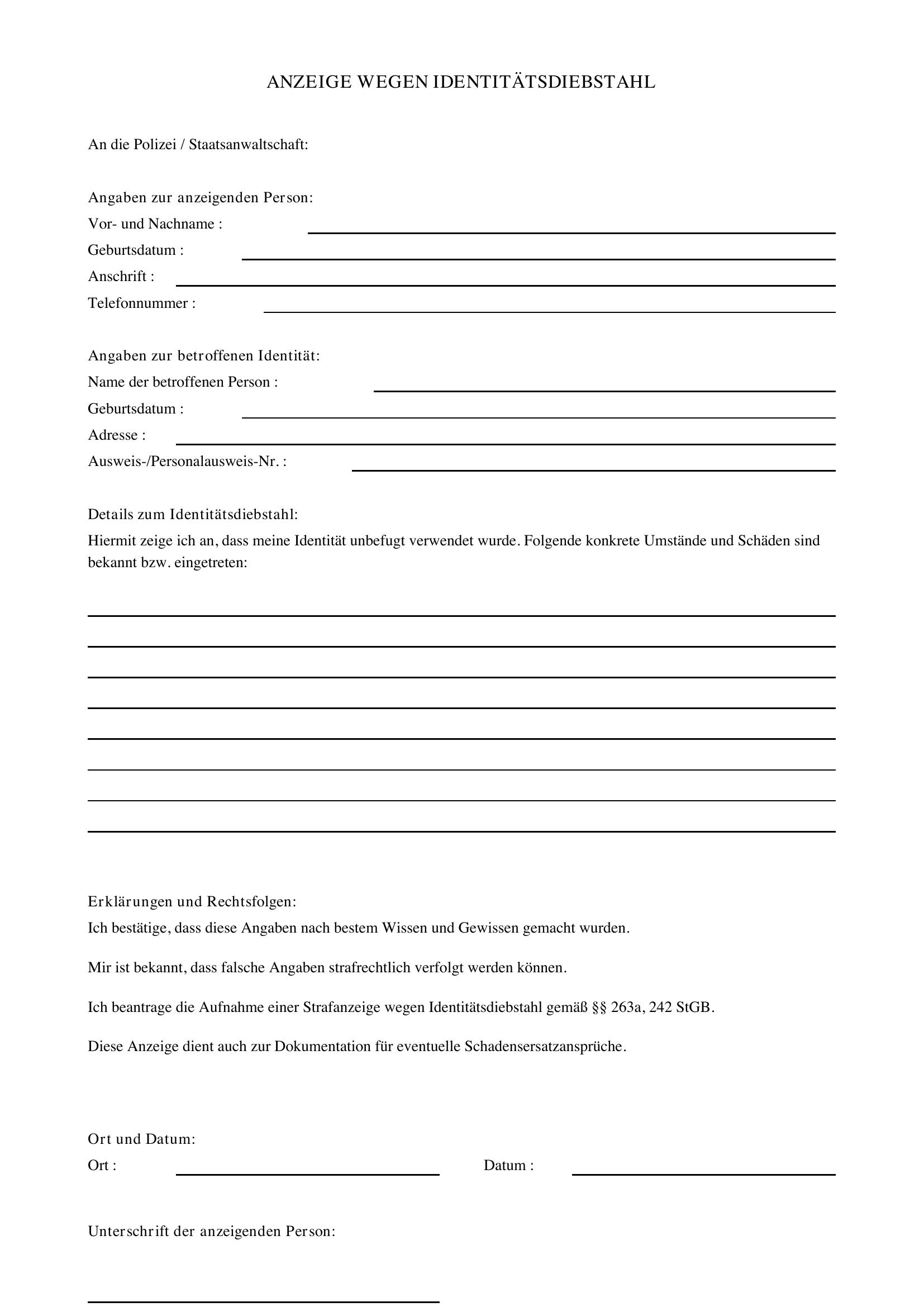 Identitätsdiebstahl Anzeige Muster