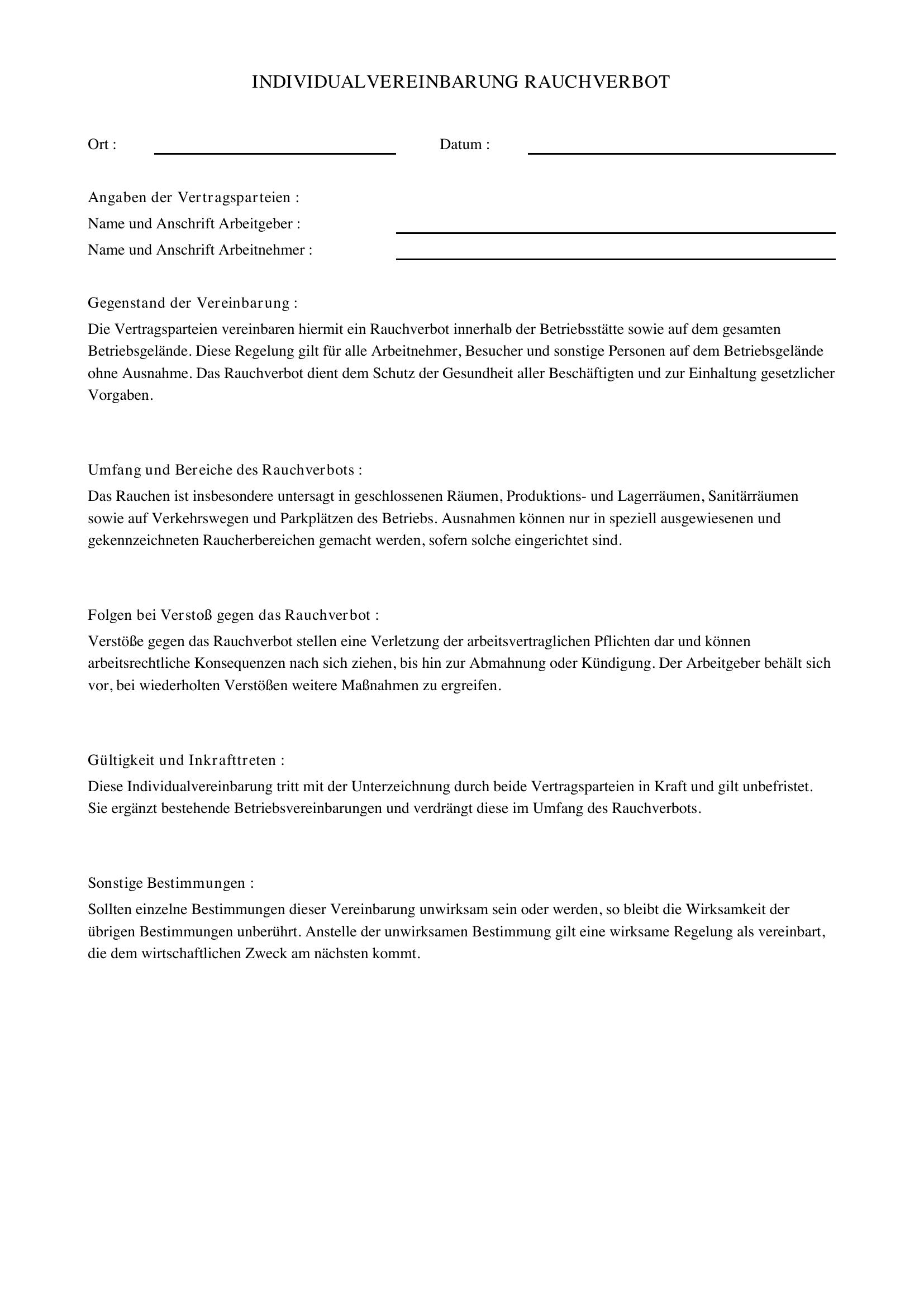 Individualvereinbarung Rauchverbot Muster