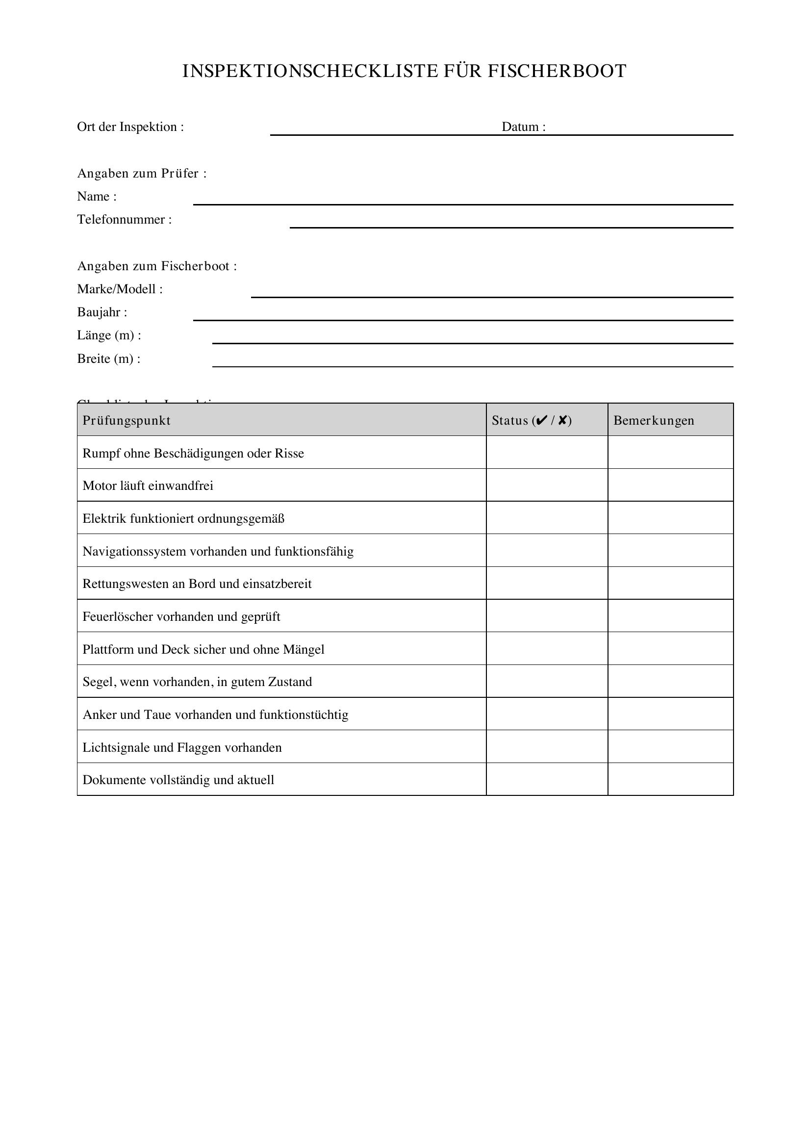Inspektion Checkliste Vorlage