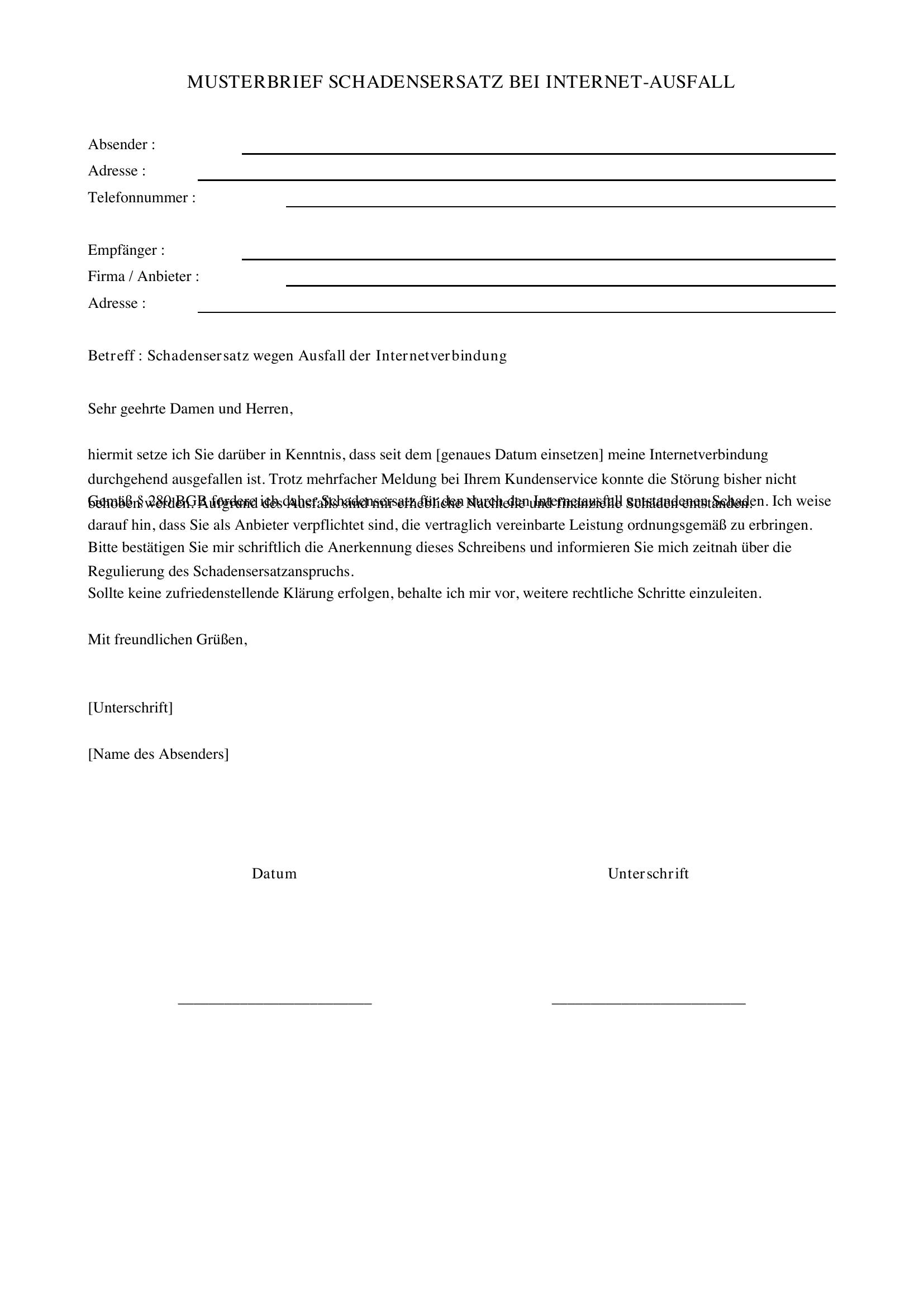 Internetausfall Schadensersatz Musterbrief
